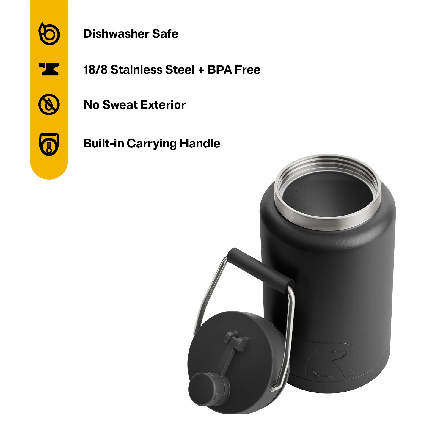 RTIC Half Gallon Jug, Durable Stainless Steel Insulated Jug with Built-In Handle, Black