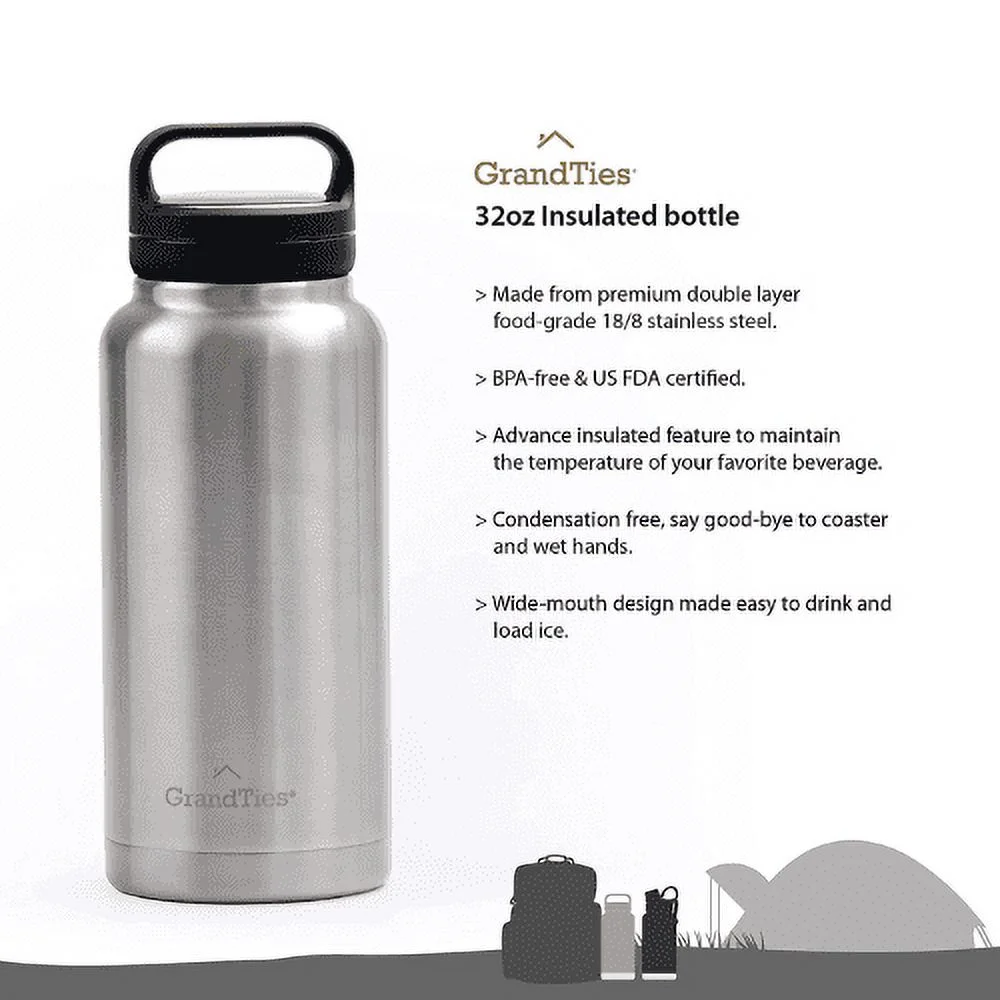 GrandTies 32oz Sports Stainless Steel Water Bottle - Classic Silver