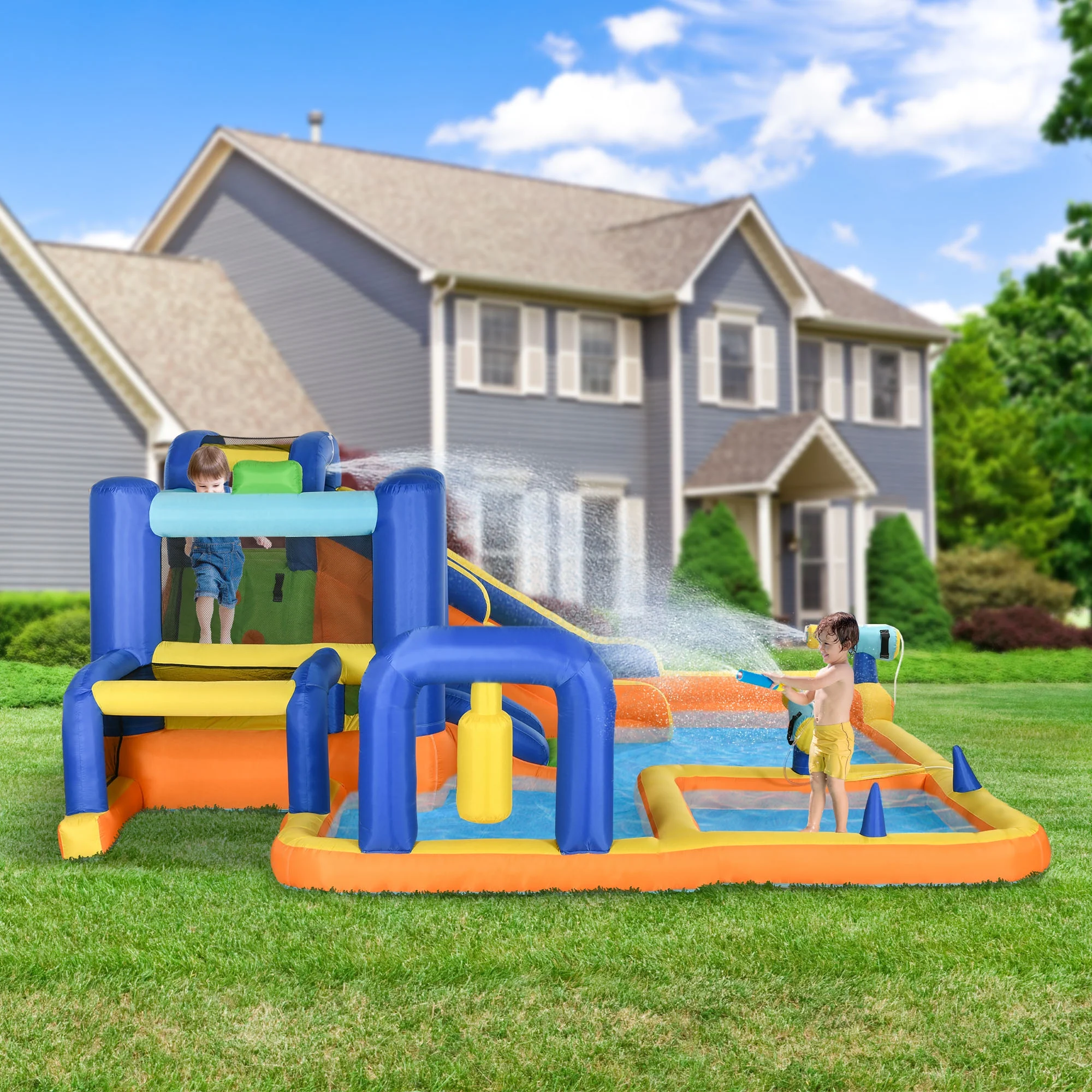 Outsunny 7 in 1 Kids Inflatable Bounce House with Blower for 3-8 Years Old
