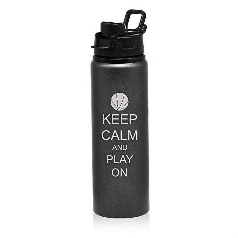 25 oz Aluminum Sports Water Travel Bottle Keep Calm And Play On Basketball (Charcoal)