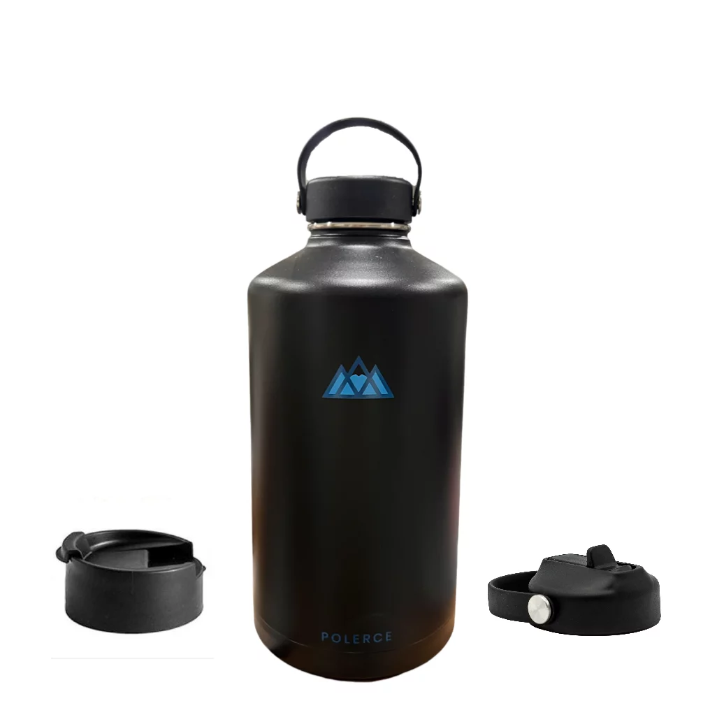 1 Gallon Vacuum Insulated Bottle with 3 Lids - Stainless Steel Thermally Insulated Flask - 128 Fl Oz - Black- by Polerce
