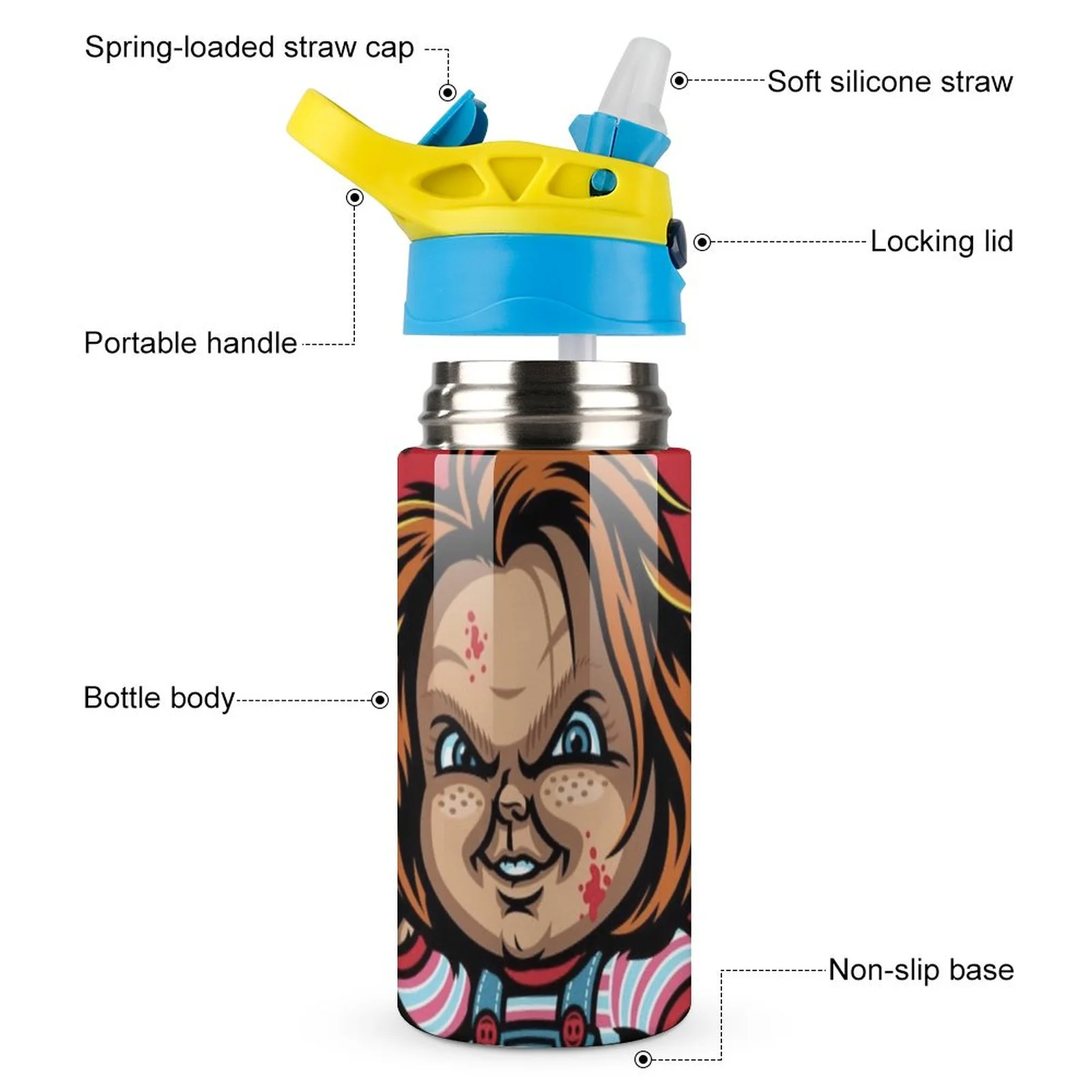 Chucky Movie Kid's Insulated Water Bottle With Straw Vacuum Stainless Steel Cup Leak-Proof Children Toddler Thermoses