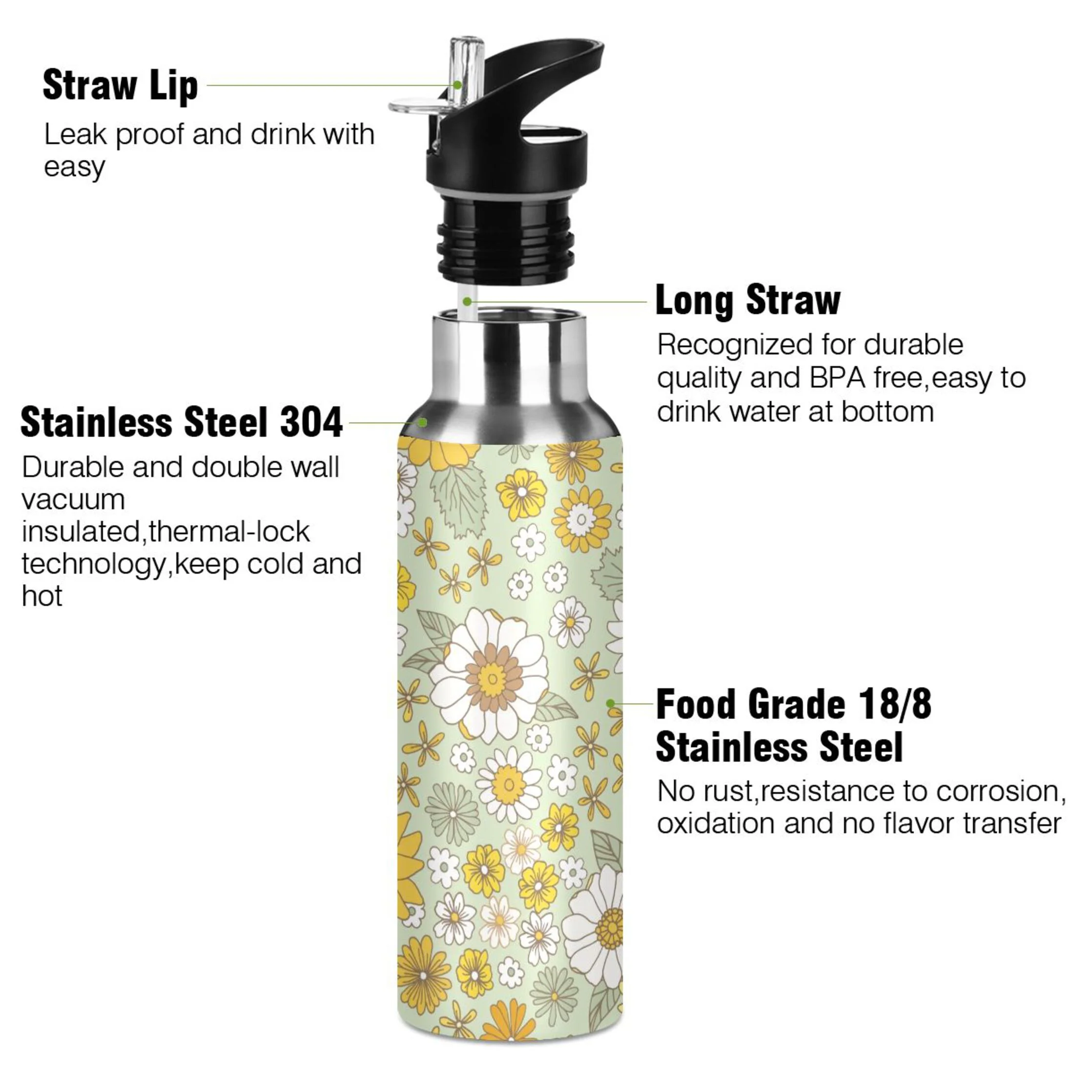 Water Bottle with Straw Lid Leak Sunflowers with Yellow Floral Stainless Steel Insulated Thermos Vacuum Flask for Cold Hot Drinking for Sports Camping Gym Yoga