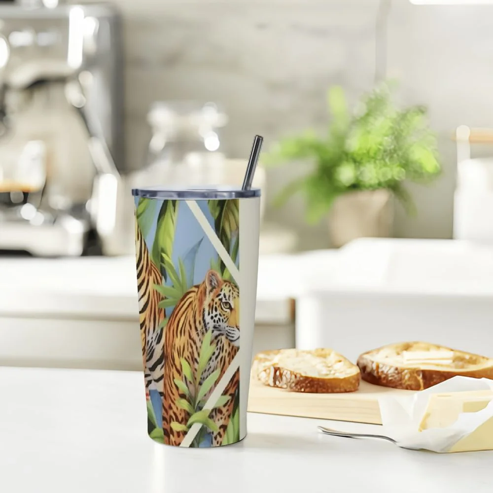 Shangniulu Tiger Leopard Tropical Leaves Funny Tumbler Stainless Steel Coffee Mug Insulated Travel Car Cup with Straw and Lid Water Bottle 20 Oz