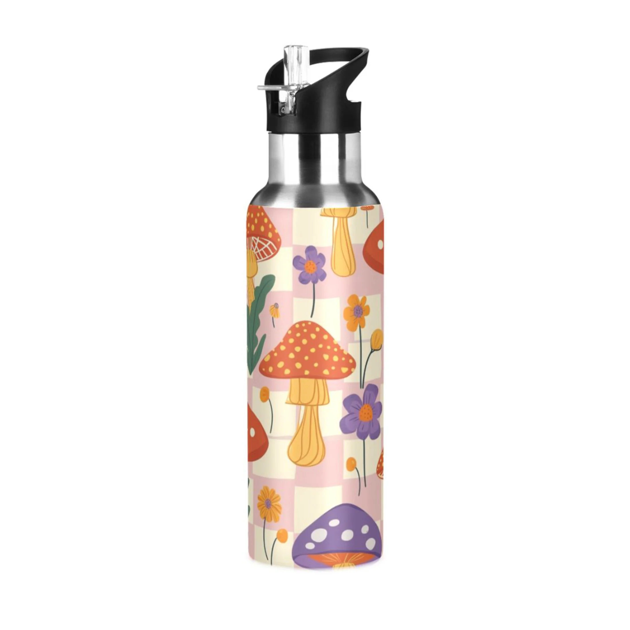 Flowers Mushrooms Grid Water Bottles Insulated Thermos Kids Stainless Steel Bottle with Straw Lid Flask Leakproof for Sports Gym 20 oz