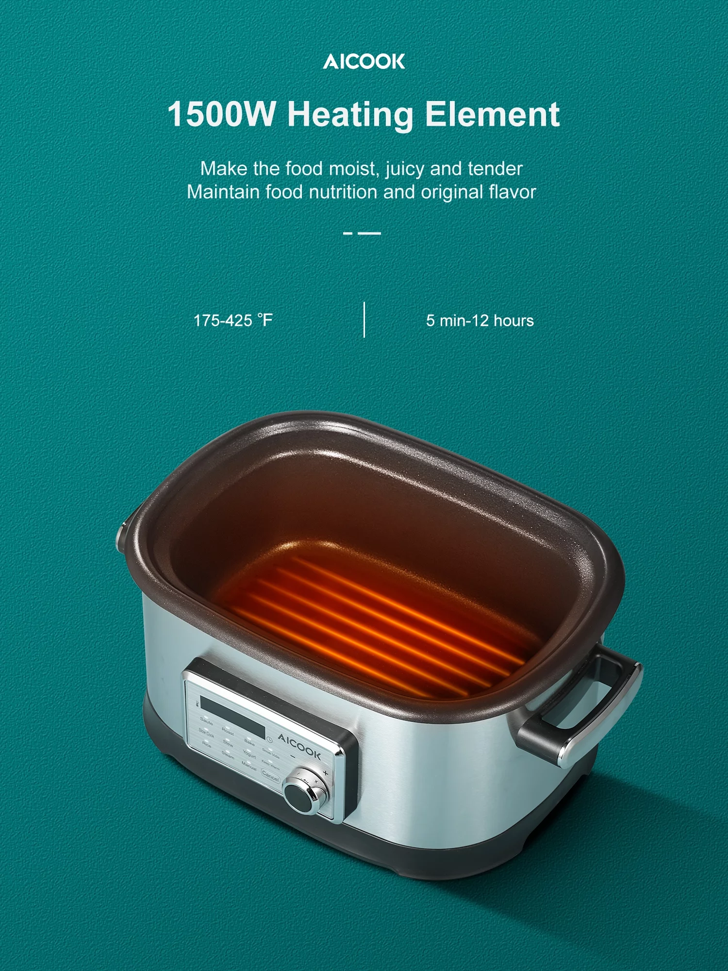 AICOOK Slow Cooker, 6Qt 10 in 1 Preset Multifunctional Cooker, Steamer, Yogurt Maker