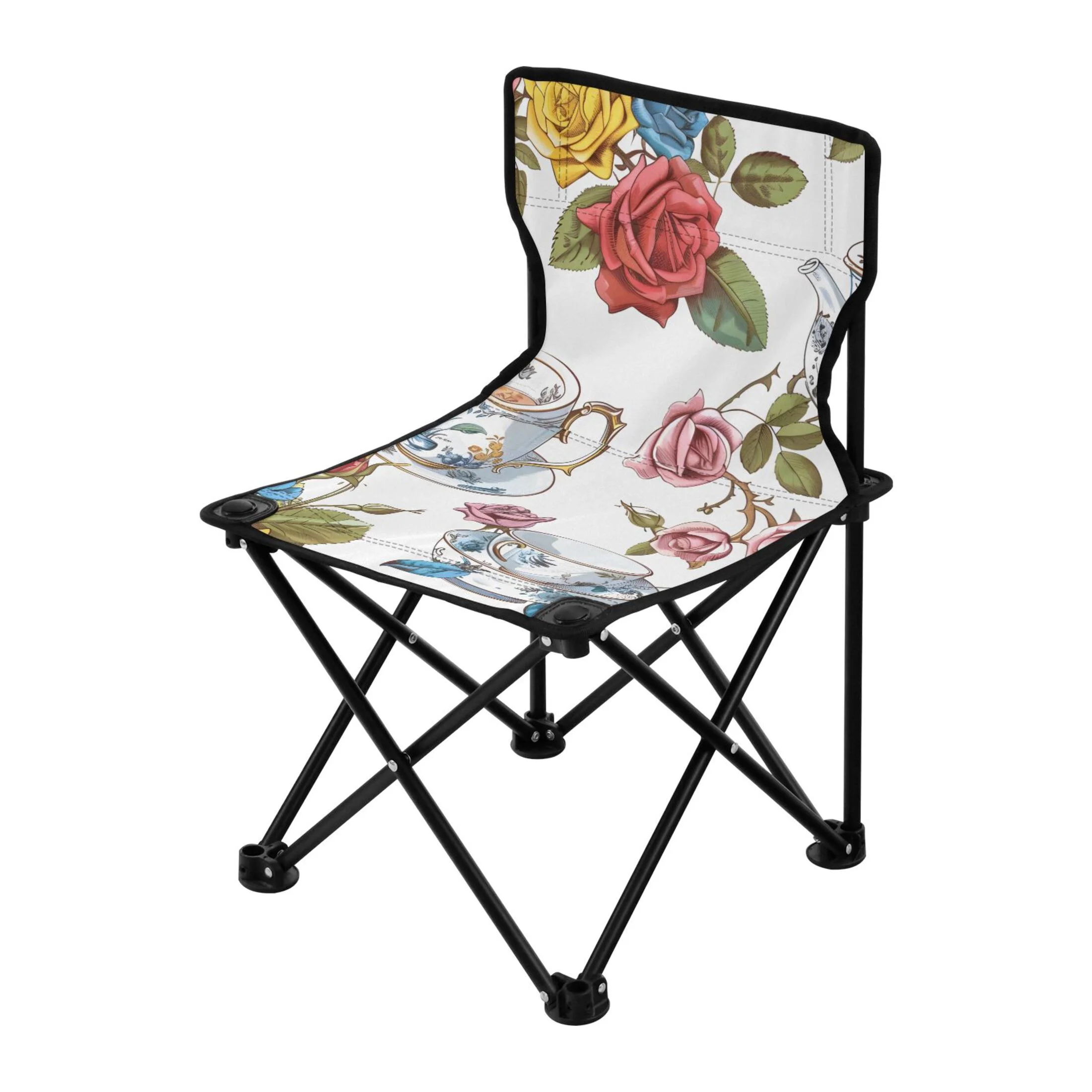 Flower and Cups Portable Camping Chair Outdoor Folding Beach Chair Fishing Chair Lawn Chair with Carry Bag Support to 220LBS