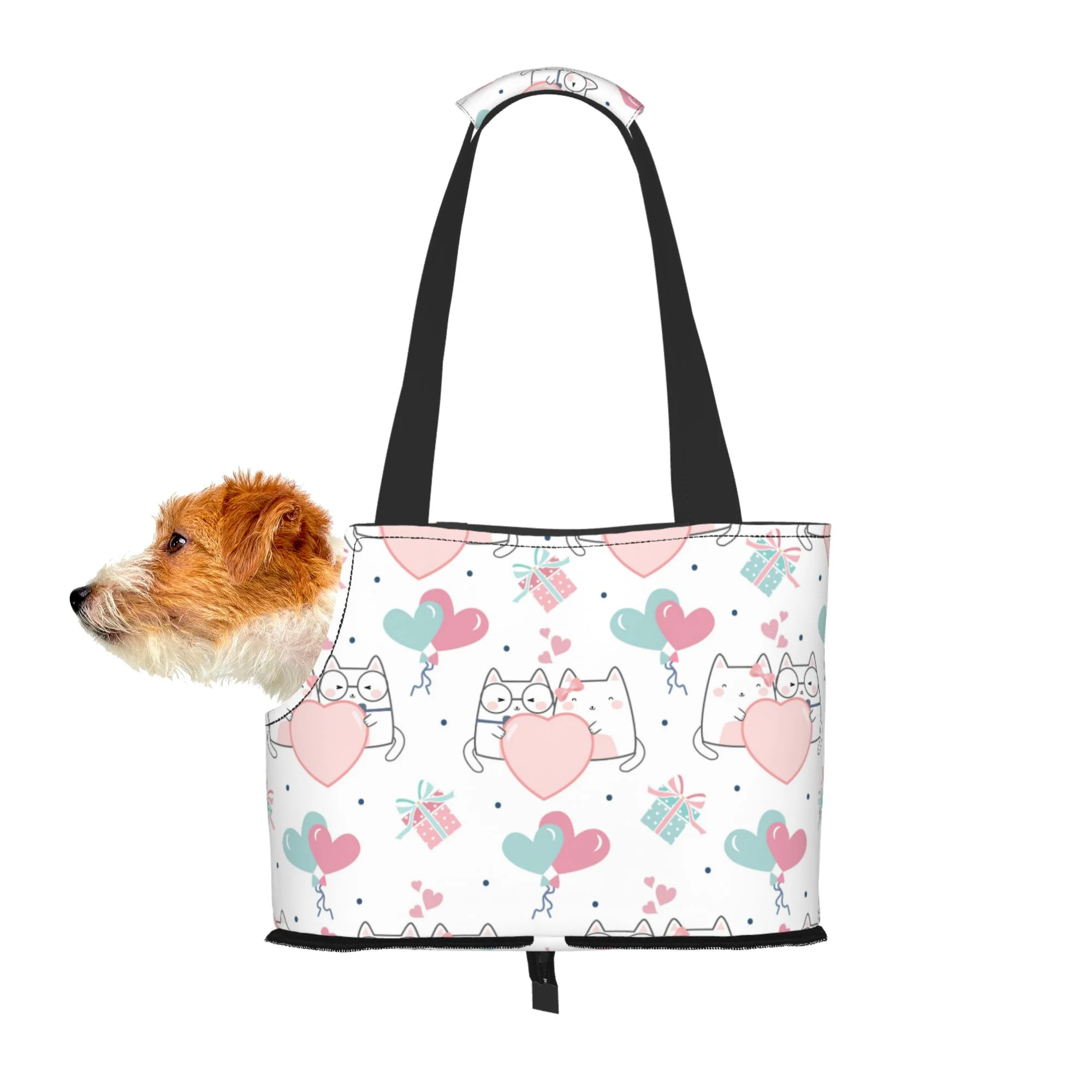 TEQUAN Foldable Dog Purse Carrier, Collapsible Cartoon Cats Hearts Prints Pet Travel Tote Bag for Small Cat Puppy, Waterproof Dog Soft-Sided Carriers