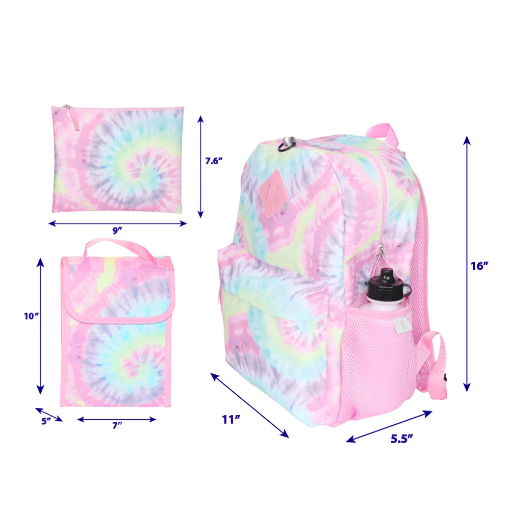 Ralme Tie Dye Girls Backpack with Lunch Box and Water Bottle 6 Piece Set 16 Inch