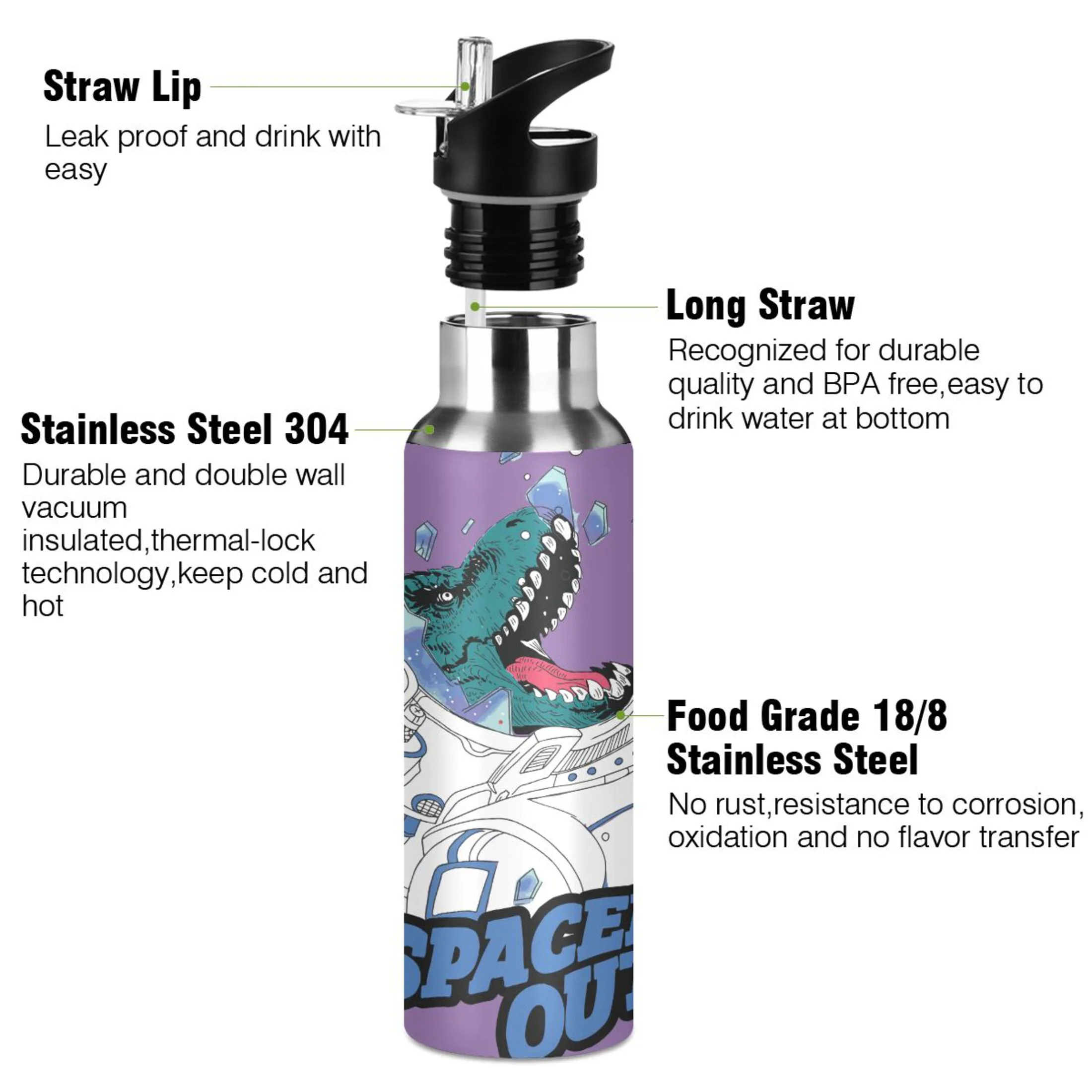 Stainless Steel Water Bottle Space Astronaut Dinosaur with Straw Lid Vacuum Insulated Keeps Hot and Cold Leak Proof Flask Jug for Gym Travel Sports Cycling Outdoor 20 OZ