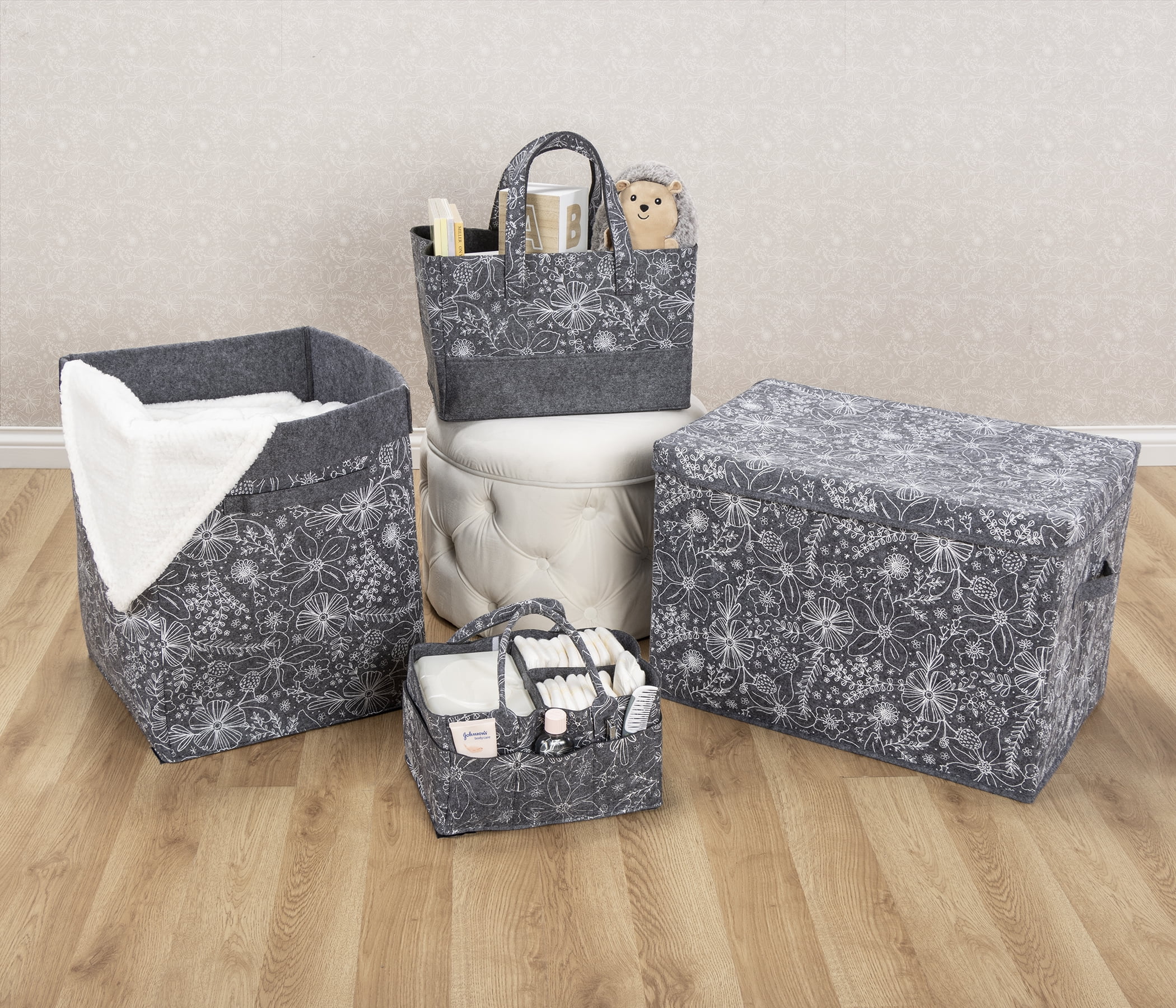 Sammy & Lou Gray and White Floral Felt Storage, Toy Box. Infant and Toddler Girl.