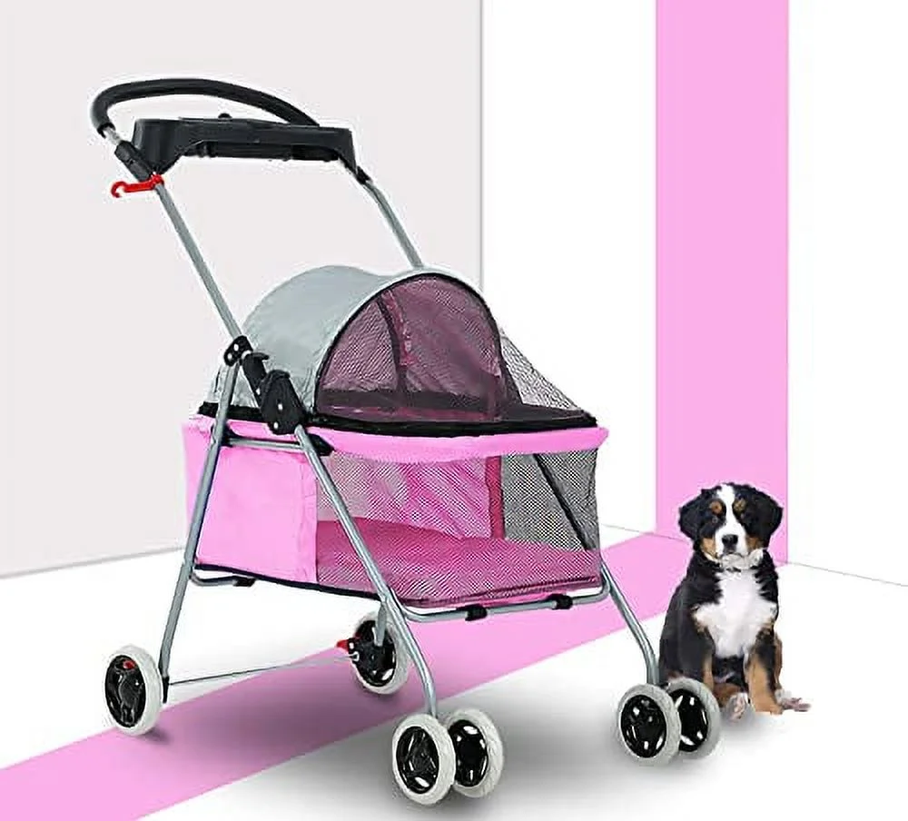 HHS Pet Stroller Dog Stroller for Small Medium Dogs & Cats 4 Wheels Foldable Jogger Travel Stroller Carrier Strolling Cart with Removable Liner Storage Basket, Up to 35 LBS, Pink 30 x 19 x 36.8 Inch