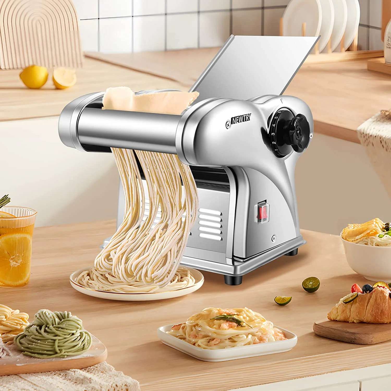 OUWI Electric Pasta Maker Noodle Maker Pasta Making Machine Dough Roller Cutter Thickness Adjustable Stainless Steel US 110V for Family Use 3 Blades Type