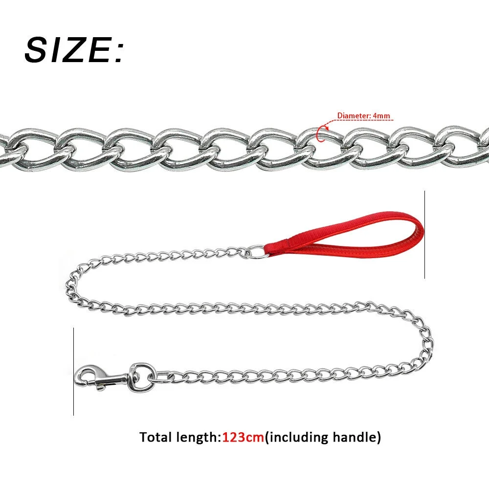 4ft Dog Chain Leash Heavy Duty Metal Walking Lead with Nylon Padded Handle Large