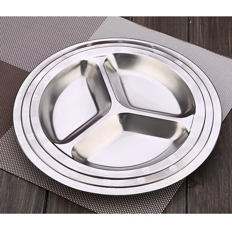 Stainless Steel 3 Sections Round Divided Dish Dia 22/24/26cm Snack Dinner Plate 26cm