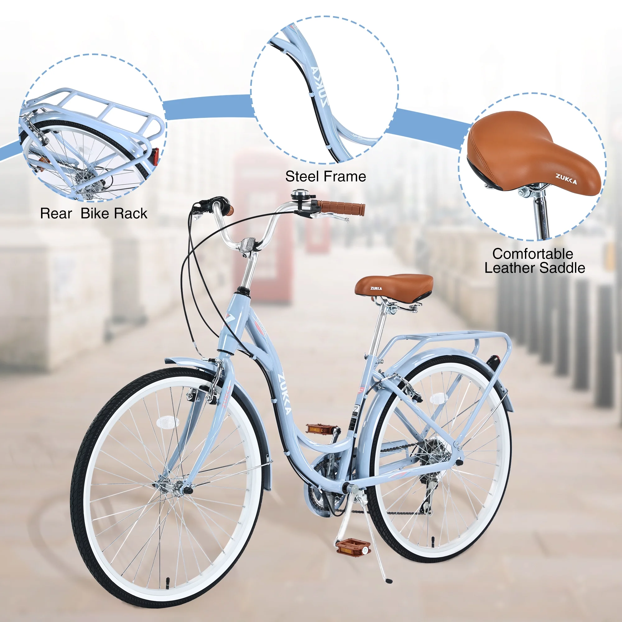 26 Inch Women's Beach Cruiser Bike with Rear Rack 7 Speeds Commuter Bike High-Carbon Steel Frame, Ladies Bicycle Blue