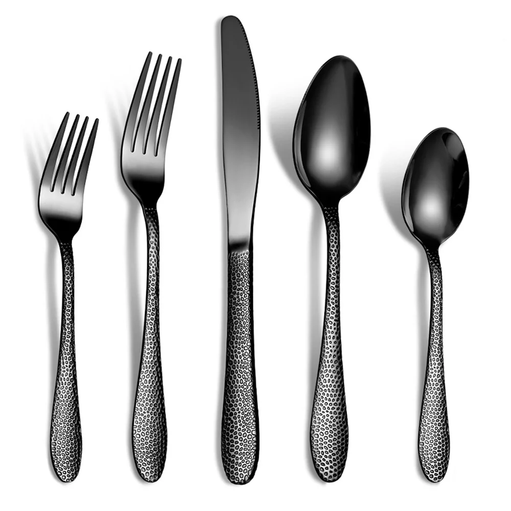 Cibeat Black Silverware Set, 20 Pcs Stainless Steel Flatware Set for 4, Hammered Tableware Cutlery Set Includes Forks Spoons Knives, Mirror Finish & Dishwasher Safe
