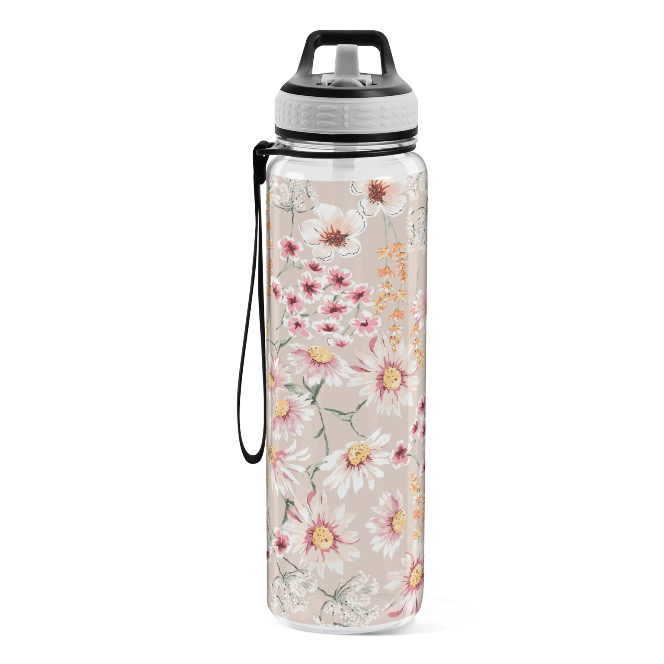 Small Daisy Sunflower Pink Floral 32oz Water Bottles with Straw Tritan Leakproof Sports Bottle BPA Free Clear for Fitness Gym Swimming Cycling