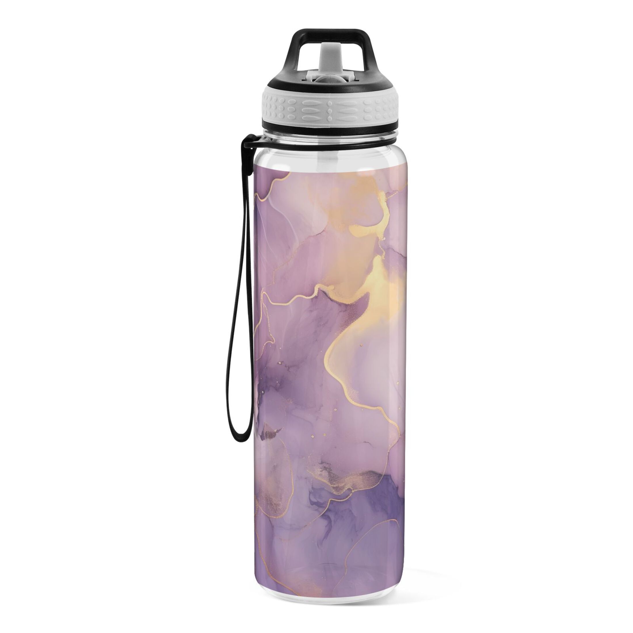 Purple and Gold Marble 32oz Water Bottles with Straw Tritan Leakproof Sports Bottle BPA Free Clear for Fitness Gym Swimming Cycling