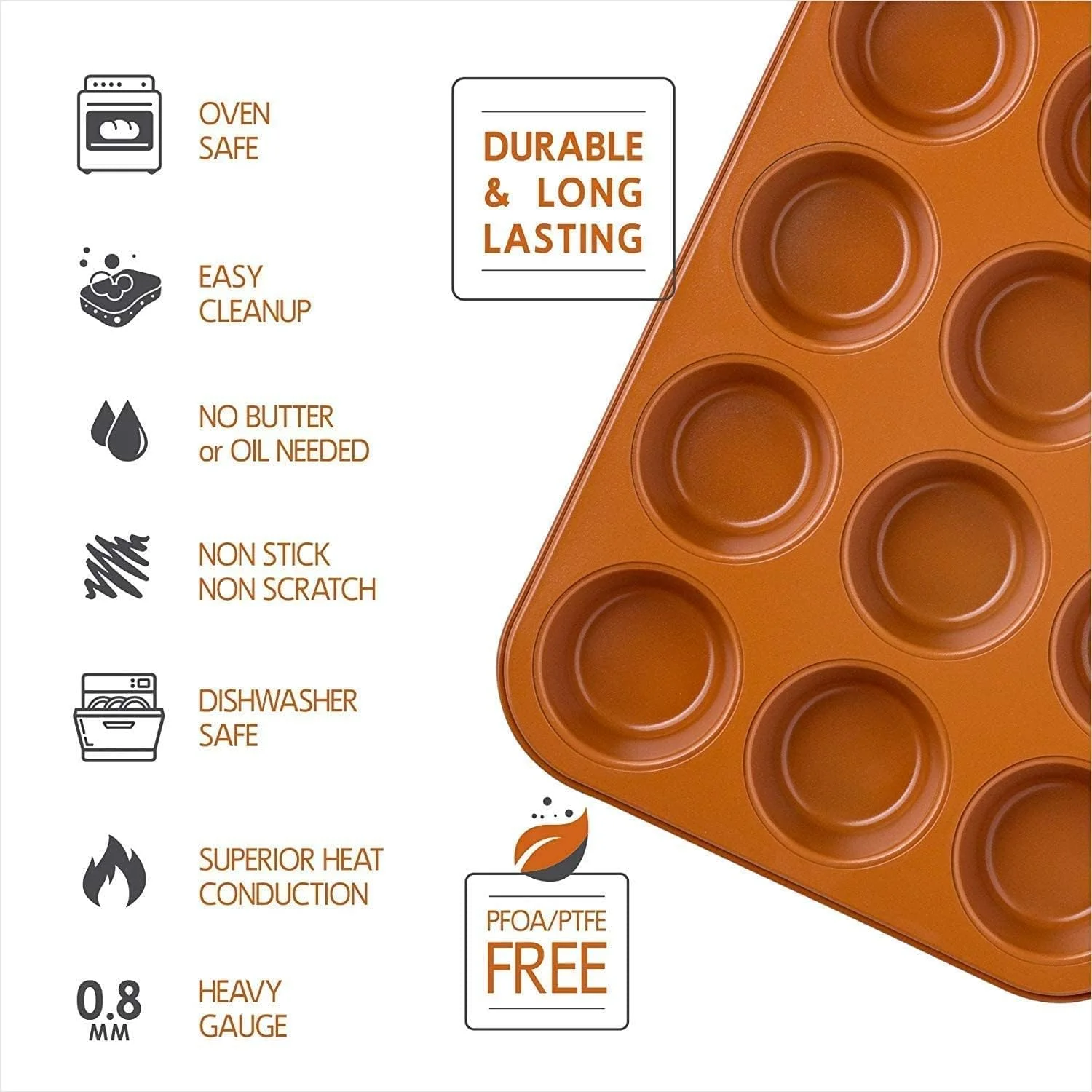 Copper Professional Healthy 12 Cup Cake and Muffins Baking Pan Sheet, Oven and Dishwasher Safe L