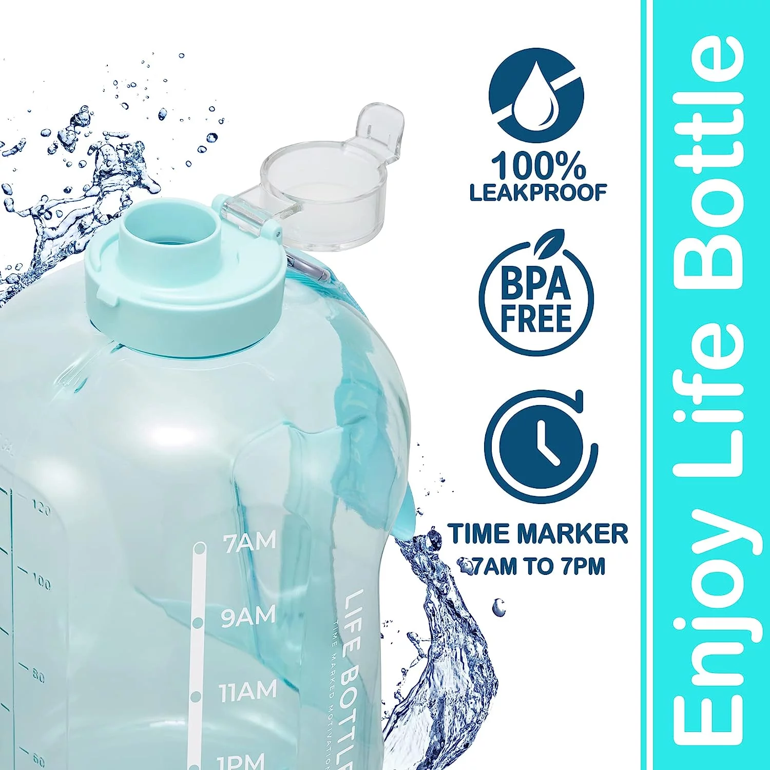 Life Bottle! Time Marked Water Bottle - 1 Gallon Water Bottle with Time Marker - Extra Large Water Bottle/Water Jug Helps You Drink More Water! BPA Free Water Bottle with Leakproof Flip Top