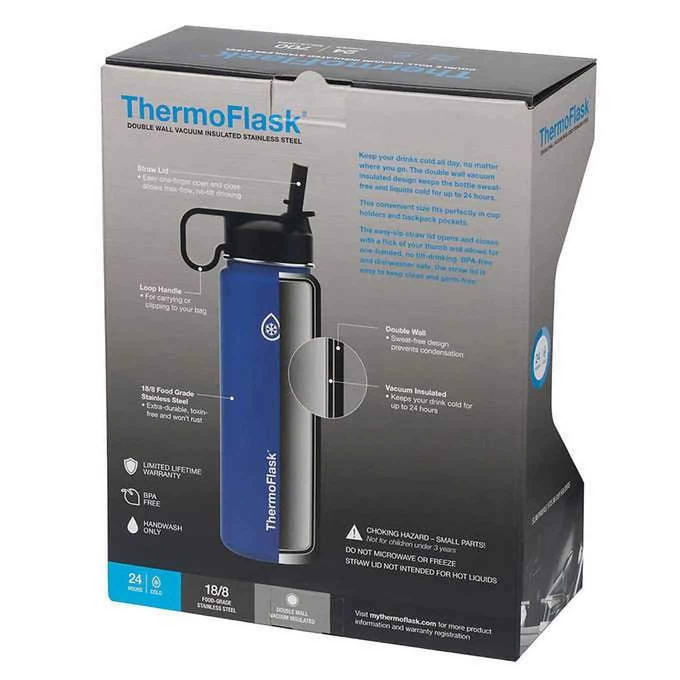 Thermoflask Stainless Steel 24oz Water Bottle with Straw Lid, 2-pack Blue/Black