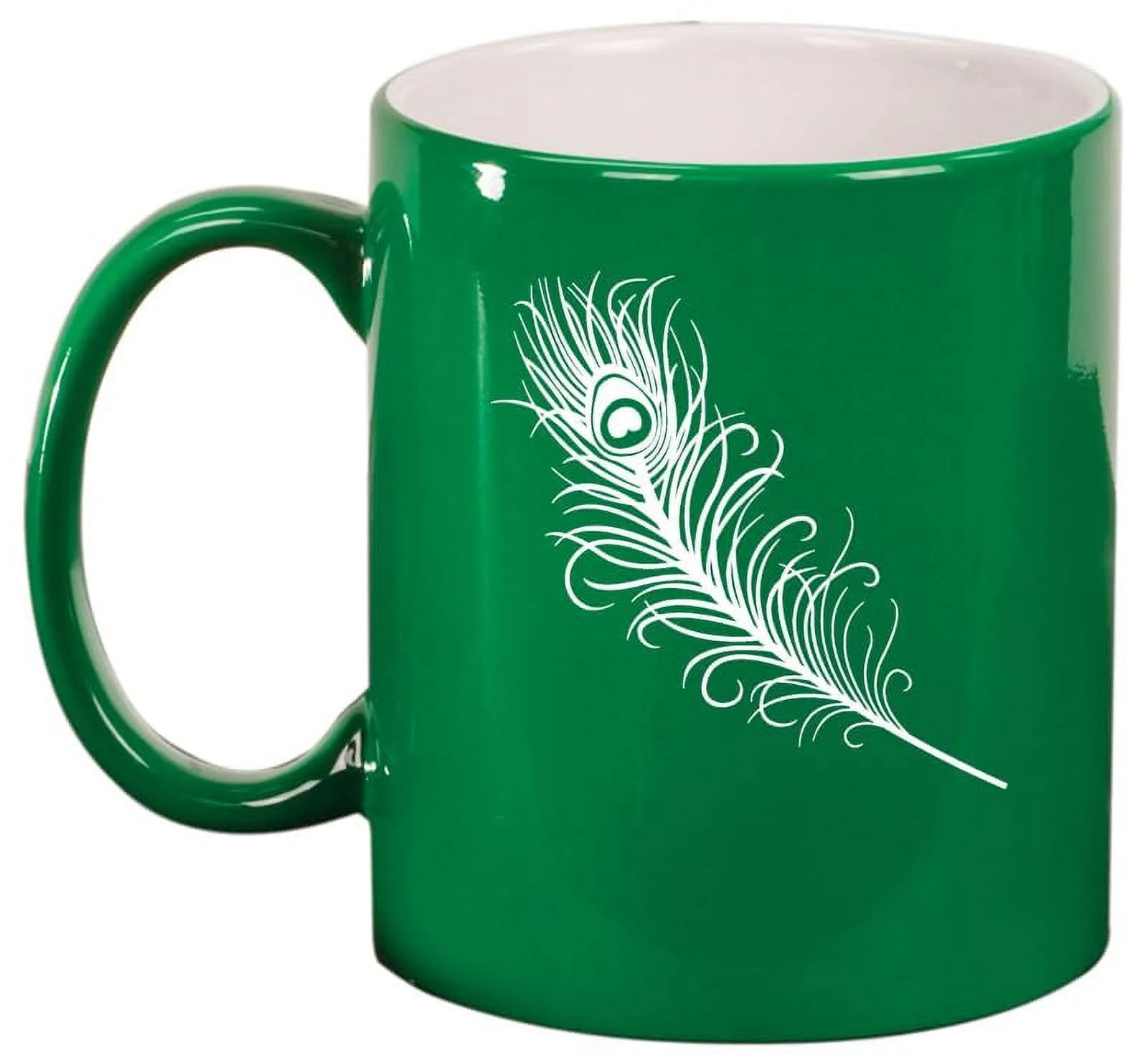 Peacock Feather Ceramic Coffee Mug Tea Cup Gift for Her, Him, Friend, Coworker, Wife, Husband (11oz Green)