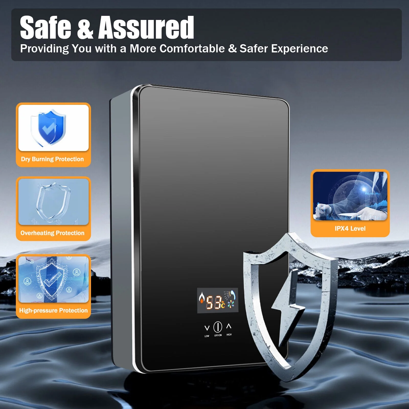 Instant Electric Tankless 6500W Home Hot Water Heater Whole House Black 220V 8L