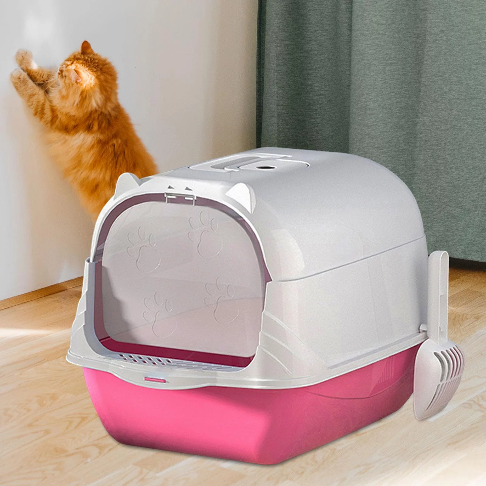 Enclosed and Covered Cat Toilet Bedpan Pet Litter Tray Hooded Cat Litter Box Pink