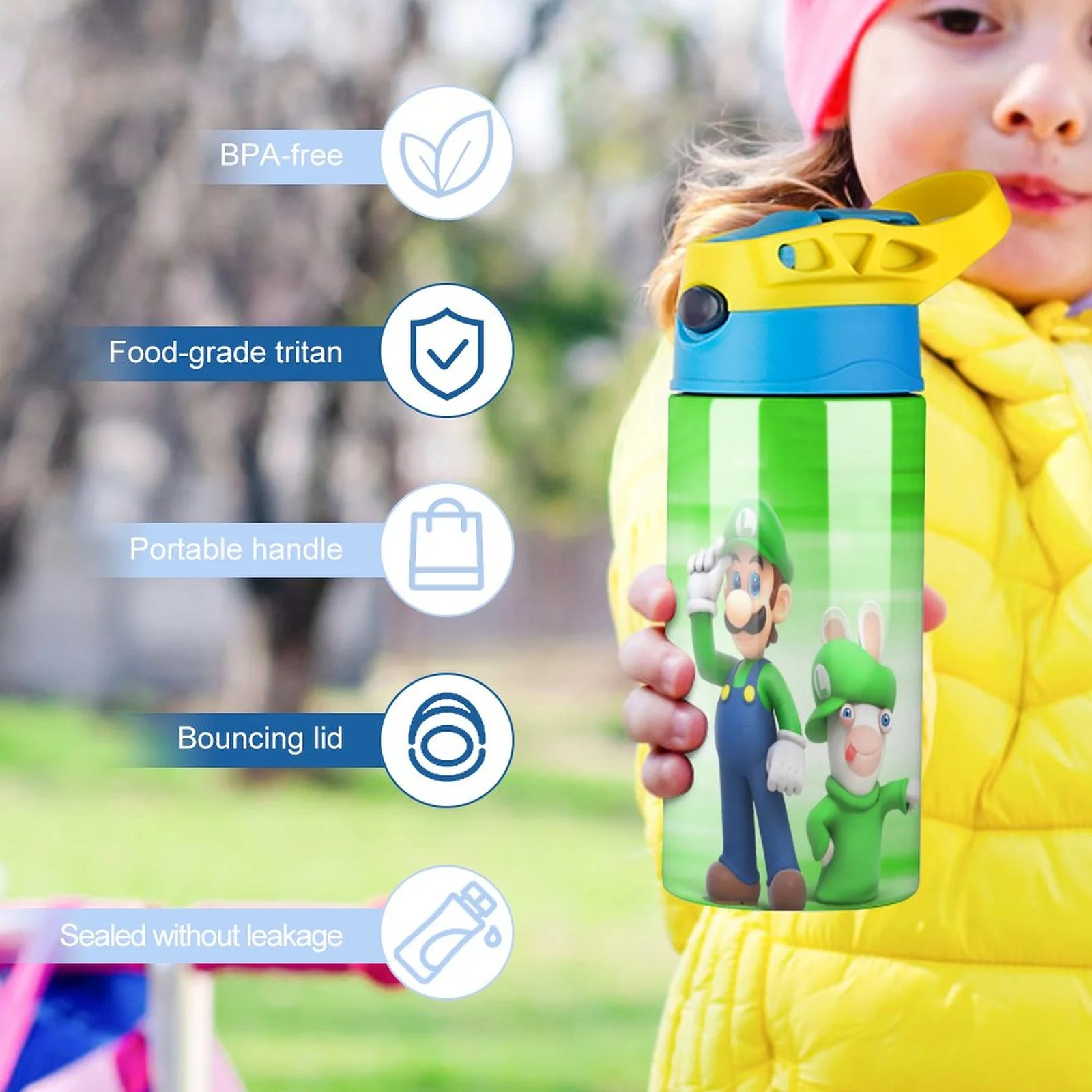 Luigi's Mansion Anime Kid's Insulated Water Bottle With Straw Vacuum Stainless Steel Cup Leak-Proof Children Toddler Thermoses