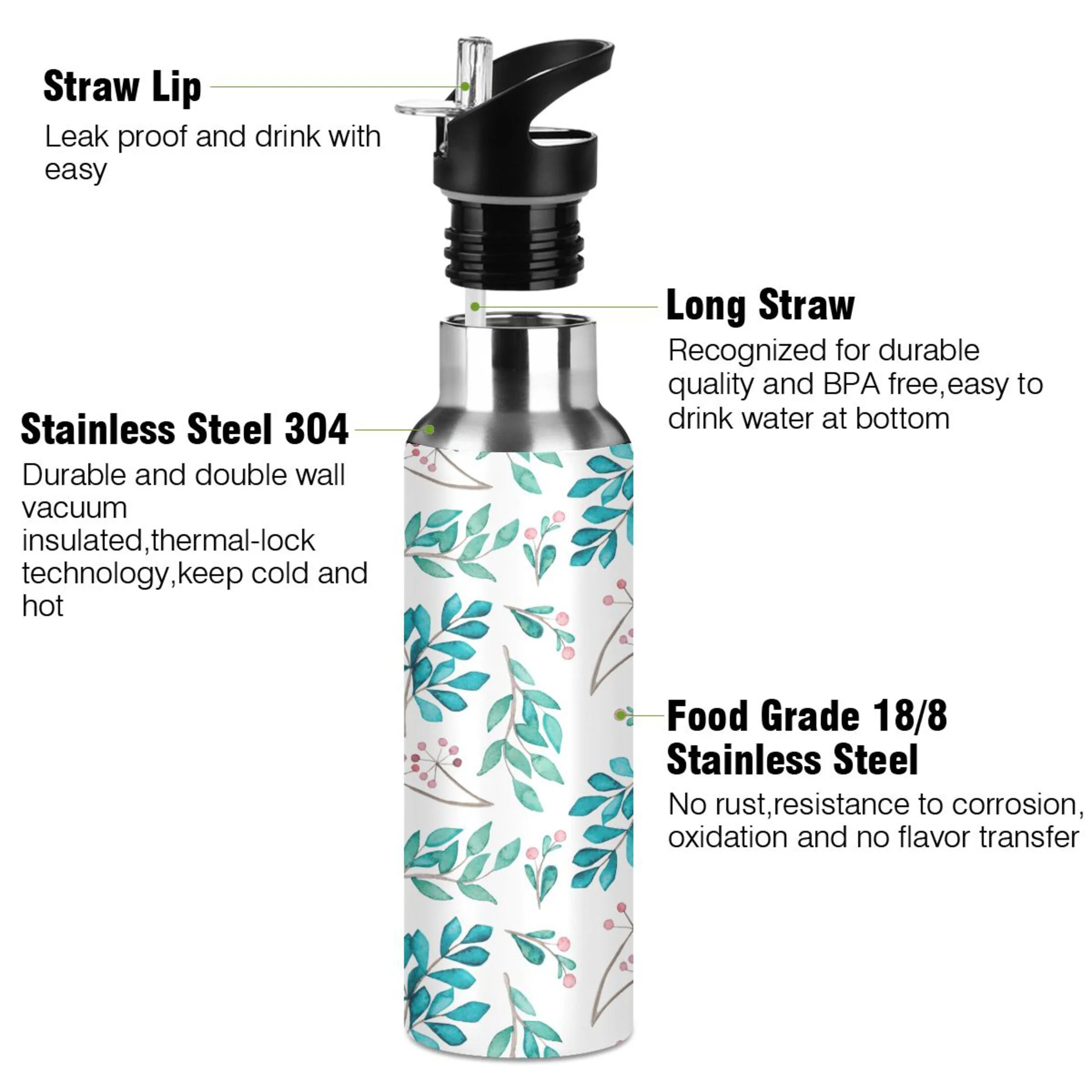 Water Bottle with Straw Lid Leak Cherry Floral Leaves Stainless Steel Insulated Thermos Vacuum Flask for Cold Hot Drinking for Sports Camping Gym Yoga