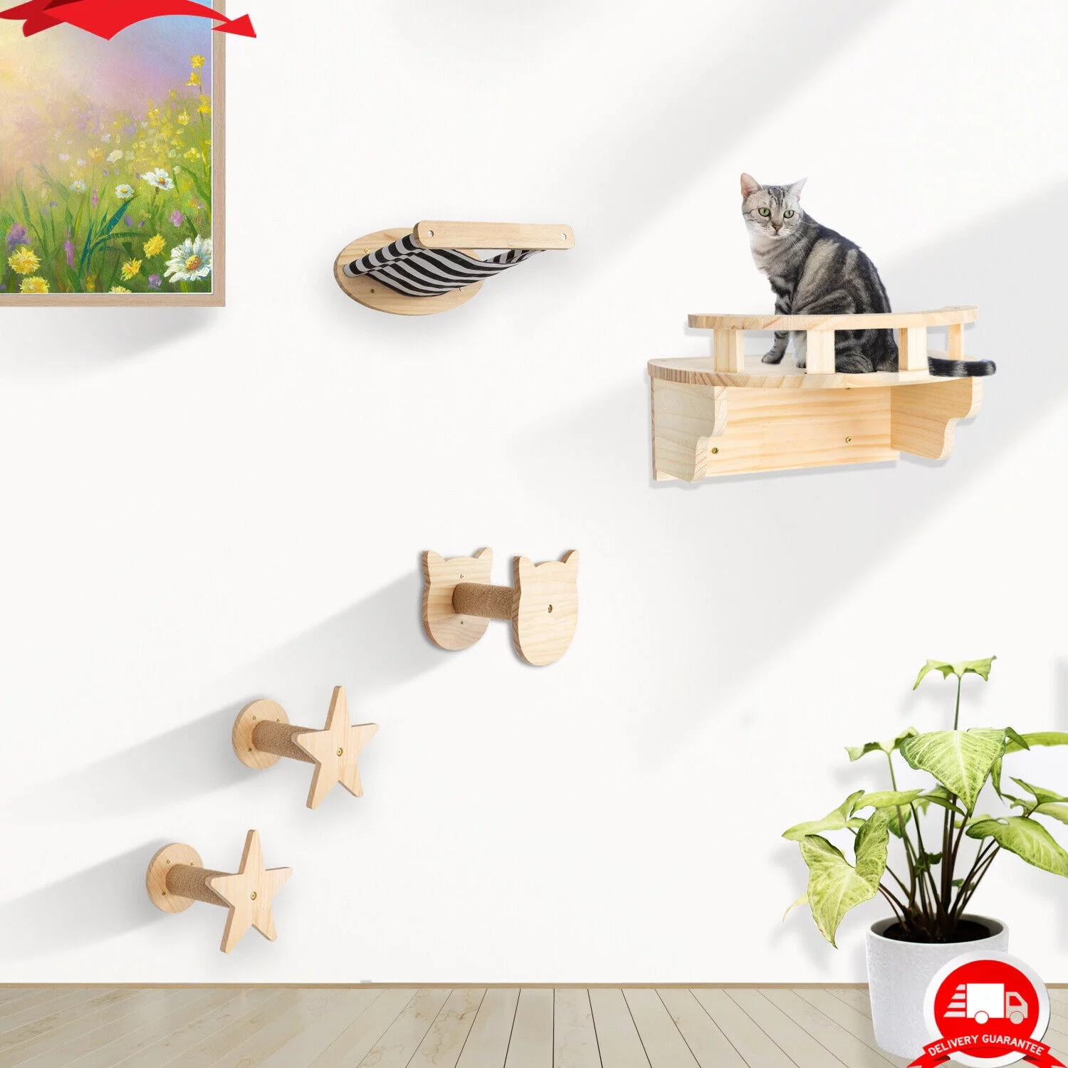 5PCS Cat Climbing Frame Wall Mounted Cat Scratching Post Wooded Jumping Platform
