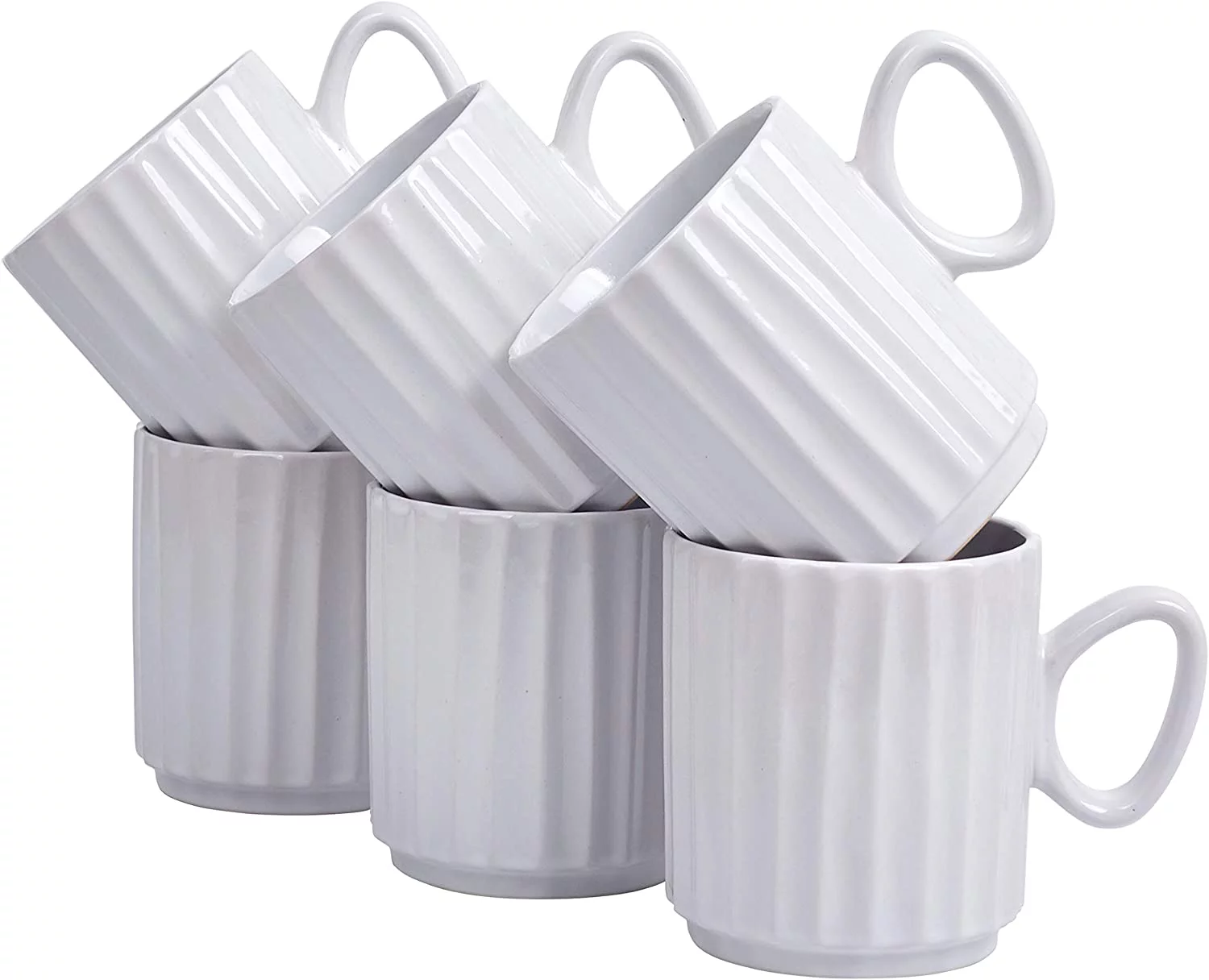 Set of 6 Coffee Mug Sets, 14 Ounce Ceramic Coffee, Ribbed Large-sized Black Coffee Mugs Set Perfect for Coffee, Cappuccino, Tea, Cocoa, Cereal, White