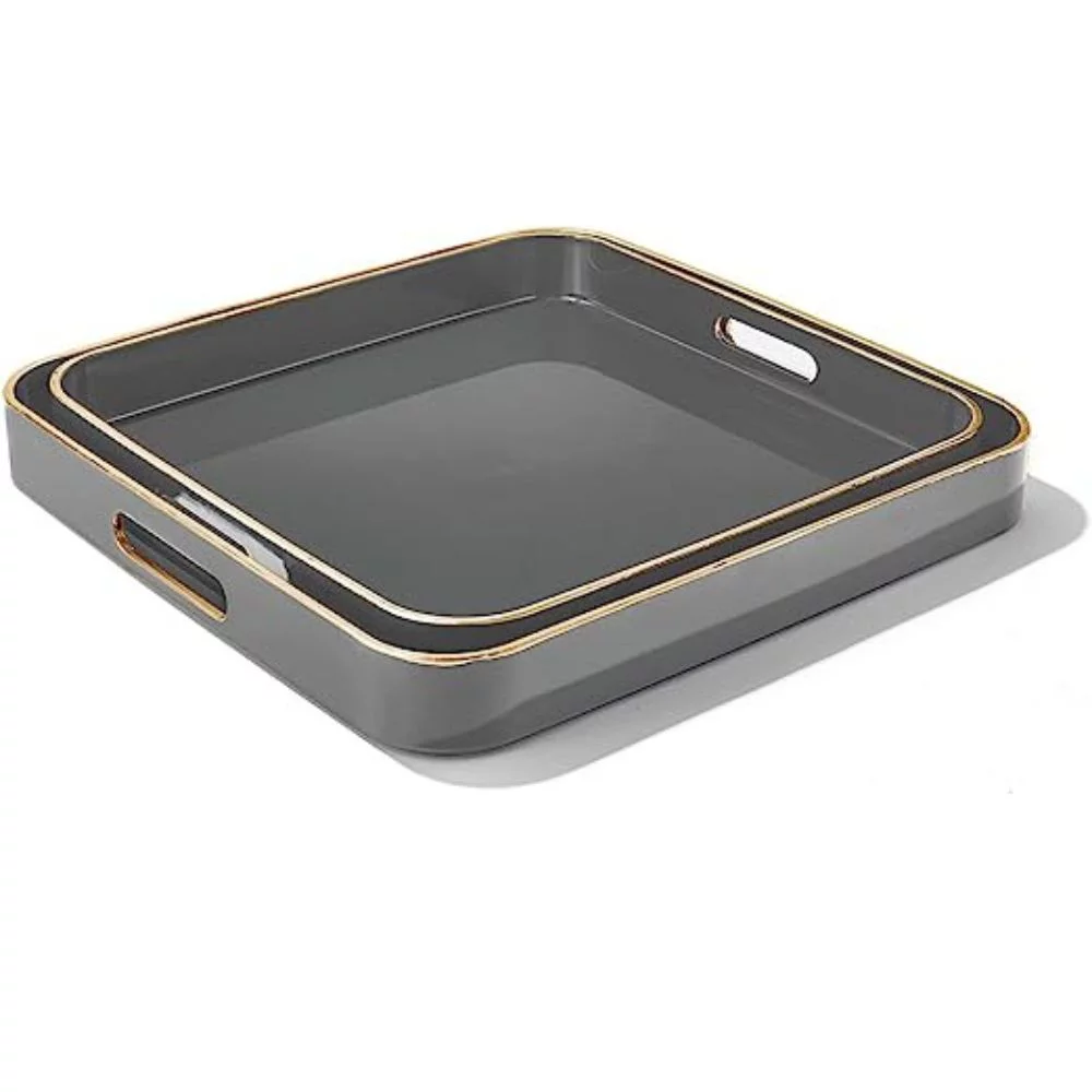 Trina Turk, Cool Gray with Gold Rim Polypropylene Square Serving Tray with Handles, Set of 2