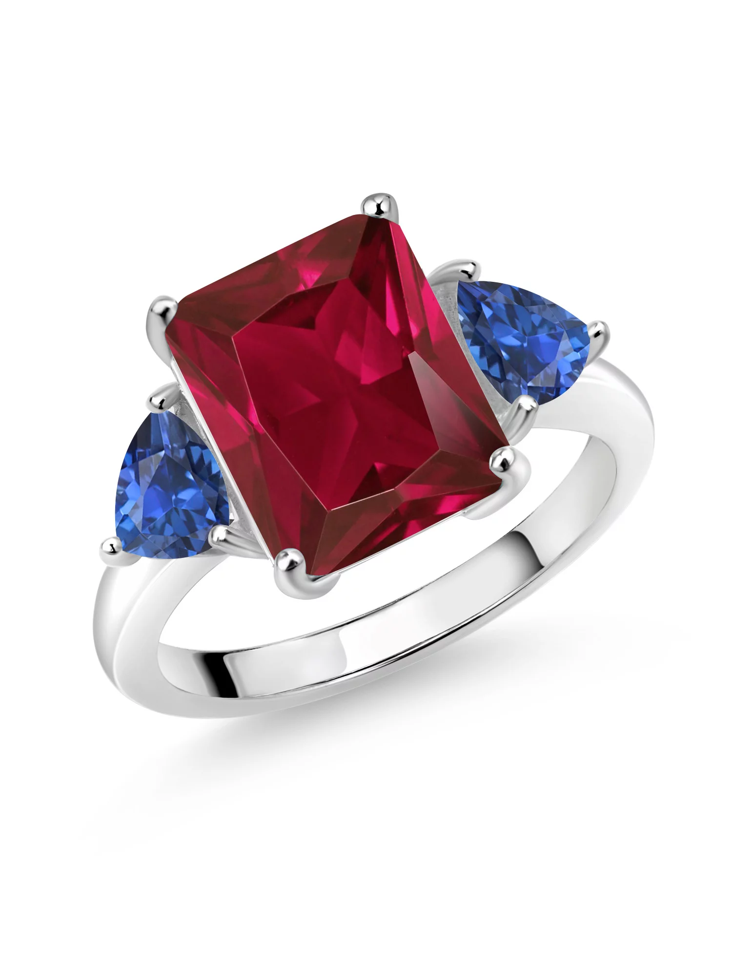 Gem Stone King 925 Sterling Silver Red Created Ruby and Blue Created Sapphire 3 Stone Ring For Women (6.78 Cttw, Octagon 12X10MM, Trillion 5X5MM, Gemstone July Birthstone, Size 8)