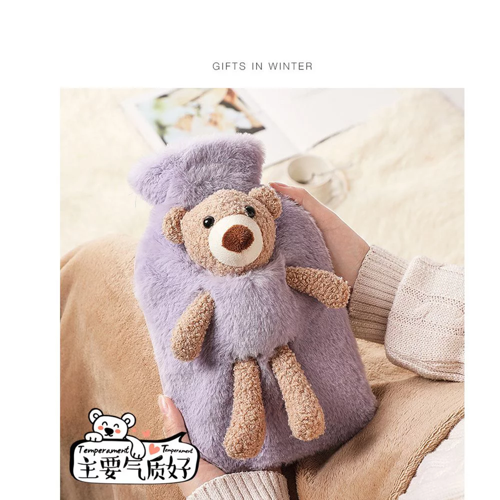 1000ml Plush Covering Recyclable Water Injection Winter Warmth Hot Water Bottle Plush Bear Warm Water Bag PVC Material DARK GREY