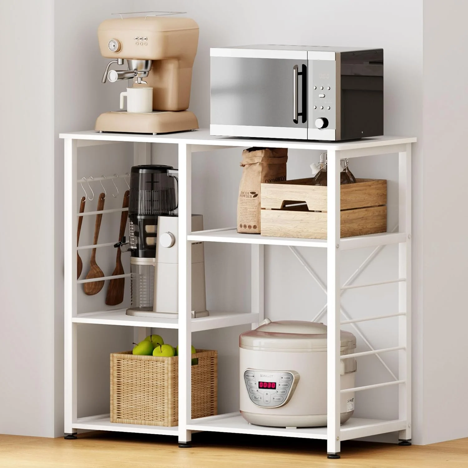 FJU , 35 inch Microwave Stand with 4 Storage Shelves, Kitchen Shelves Organizers s with Storage, Microwave Table Coffee Station Table for , White