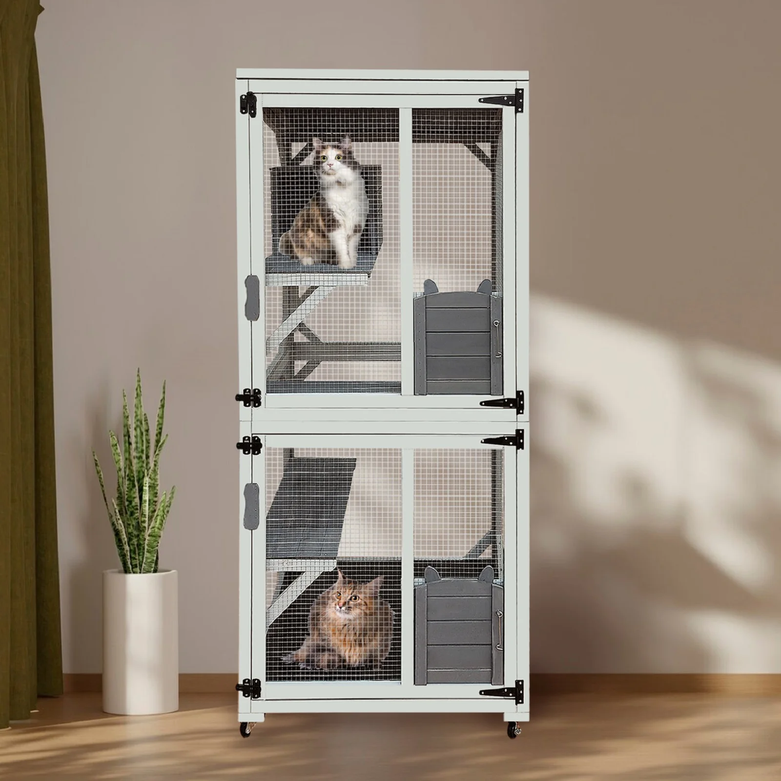 Algherohein Luxury Wood Outdoor Cat House Cage with 4 Platforms & Sliding Doors,Large Catio Playpen