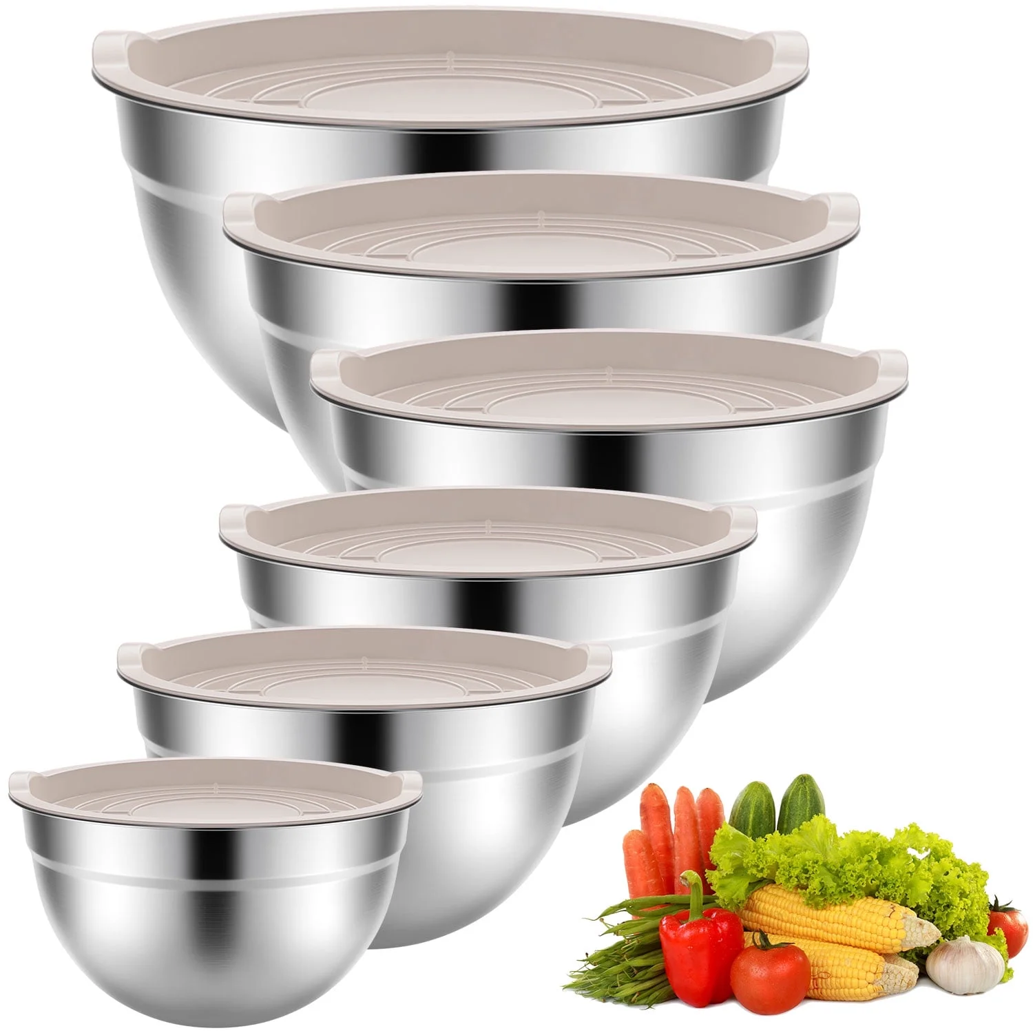 Stainless Steel Mixing Bowls Set, TINANA 6 PCS Mixing Bowls with Lids, Metal Nesting Storage Bowls for Kitchen, Size 4.5, 3, 2.5, 2, 1.5, 0.75 QT, Great for Prep, Baking, Serving-Khaki