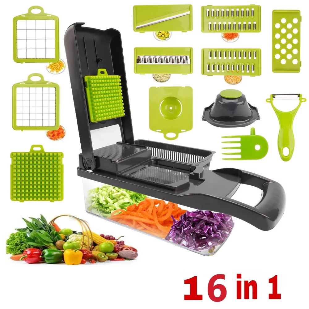 Vegetable Chopper 16 in 1 Set with Container Multifunctional Fruit Cutter Kitchen Food Slicer Dicer for Onion Potato Cucumber Carrot Processor