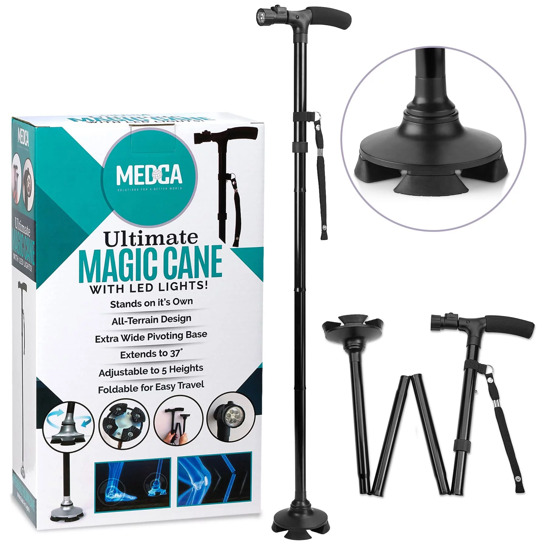 MEDca Folding Cane Led Light Original Magic Adjustable Collapsible Rubber feet for Birthday, Unisex