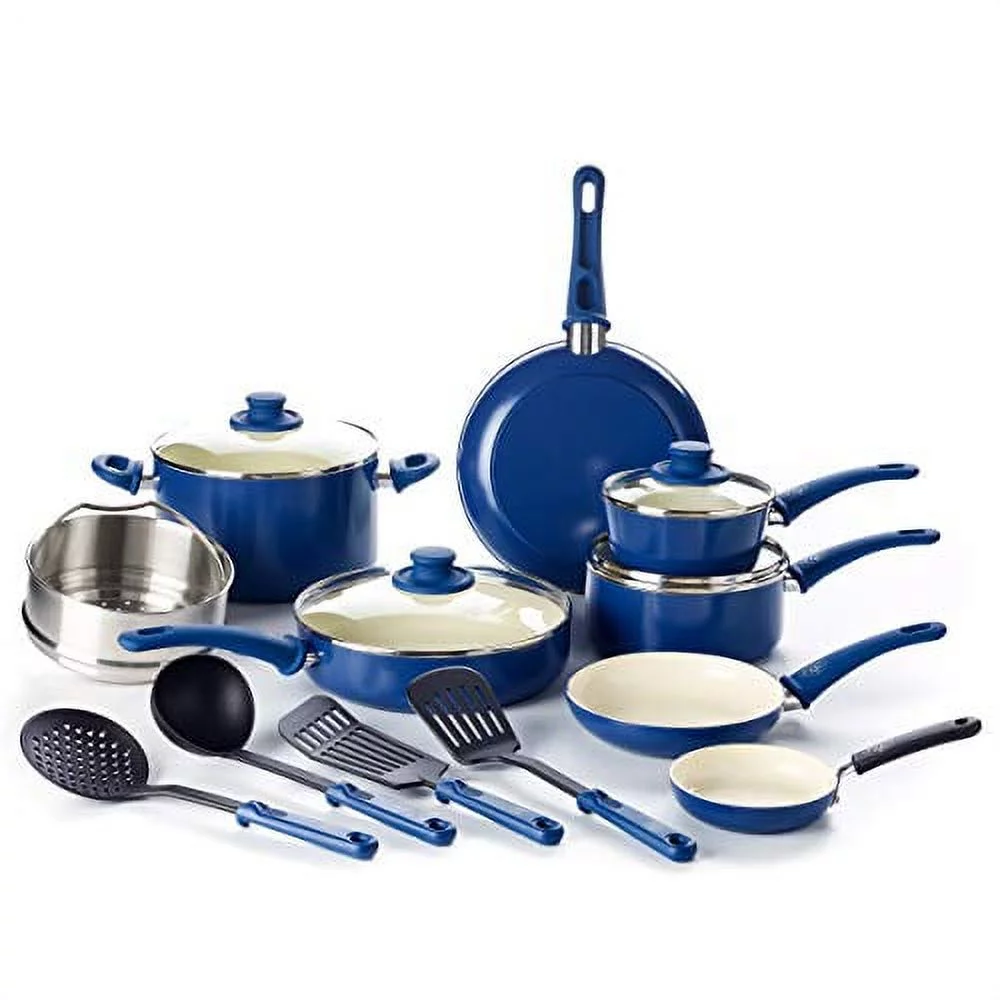 GreenLife CC002378-001 Soft Grip 16 Piece Ceramic Non-Stick Cookware Set, Blue