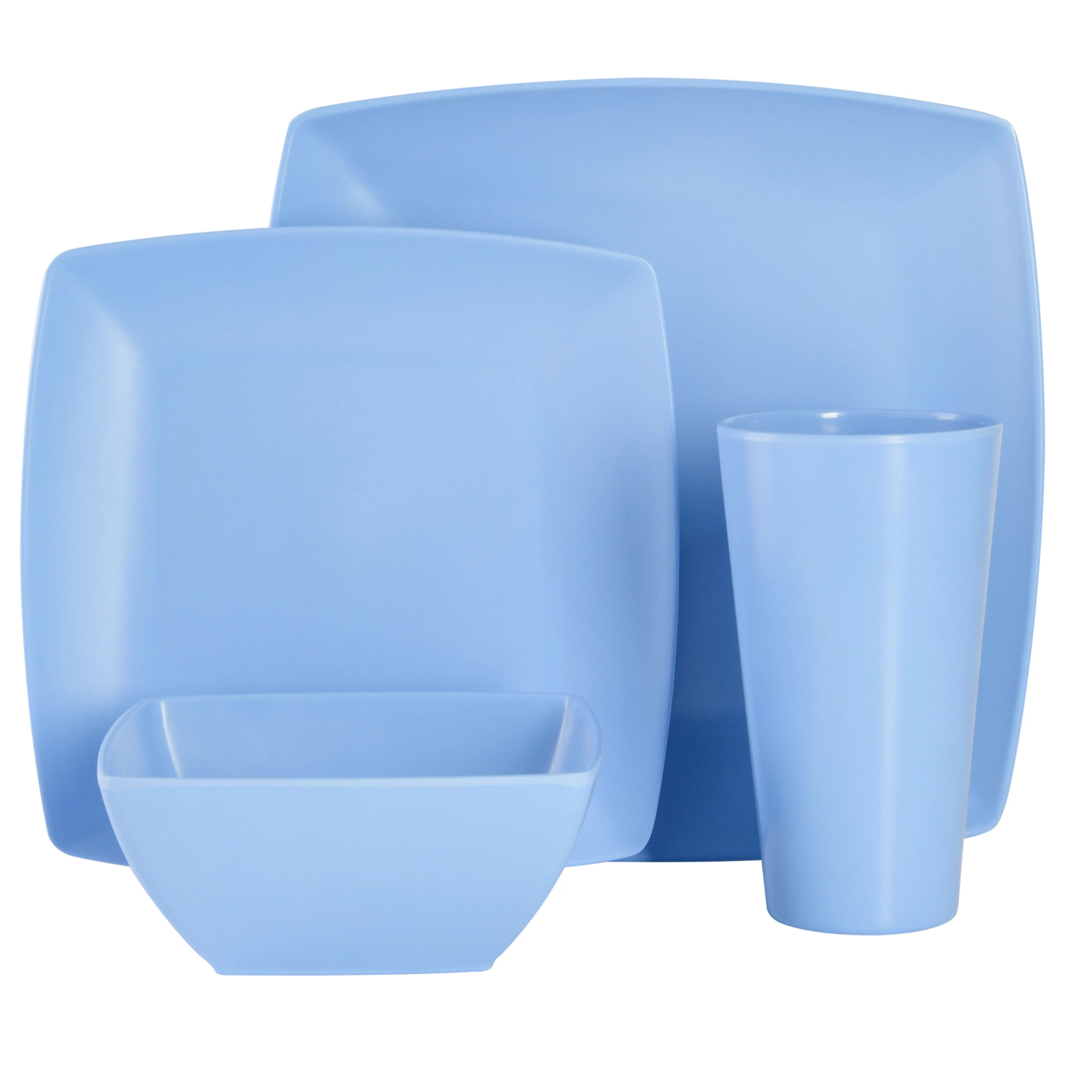 Gibson Home Soho Grayson Square Melamine Dinnerware Set, Service for Four (16pcs), Light Blue
