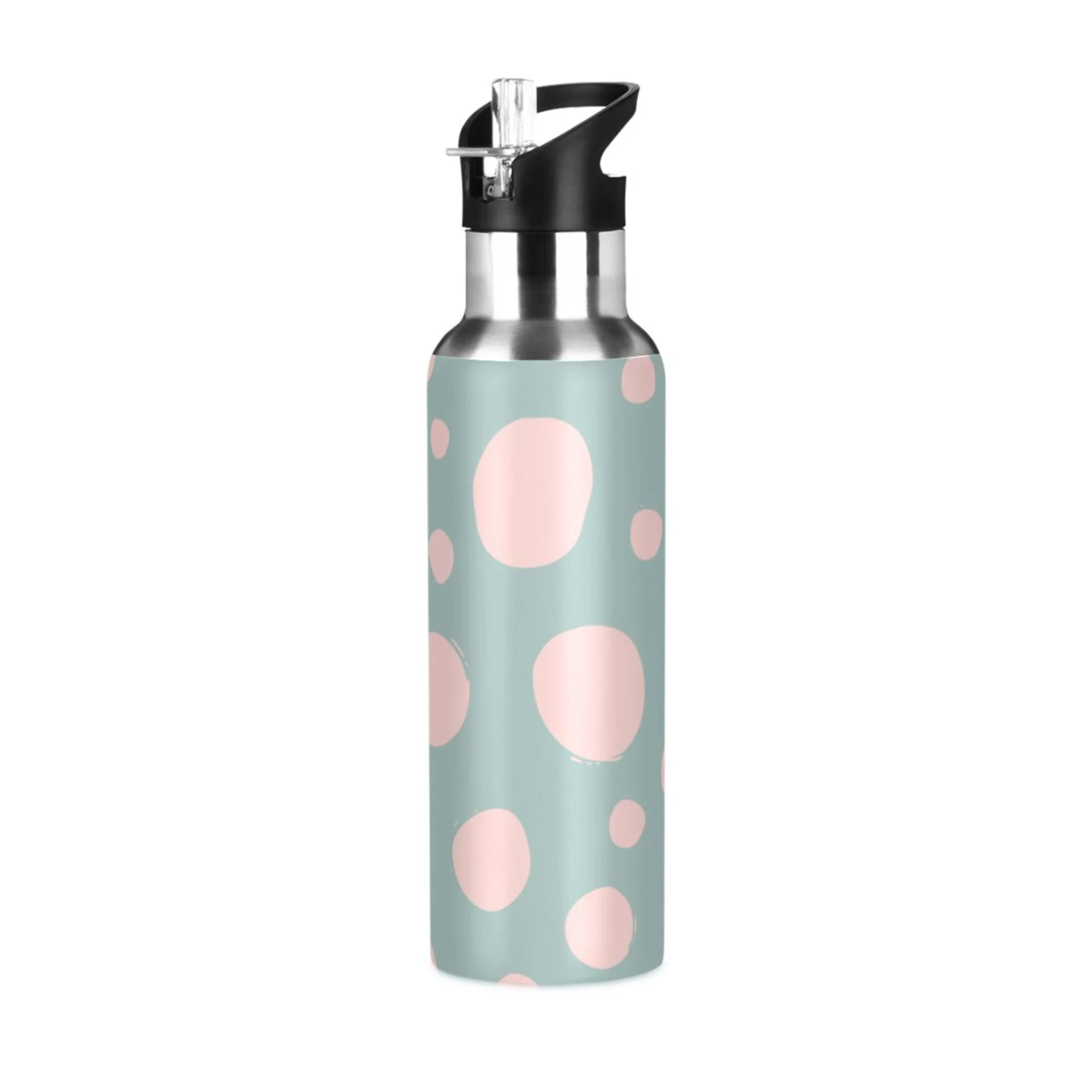 Water Bottle with Straw Lid Leak Pink Polka Dot Graffiti Stainless Steel Insulated Thermos Vacuum Flask for Cold Hot Drinking for Sports Camping Gym Yoga