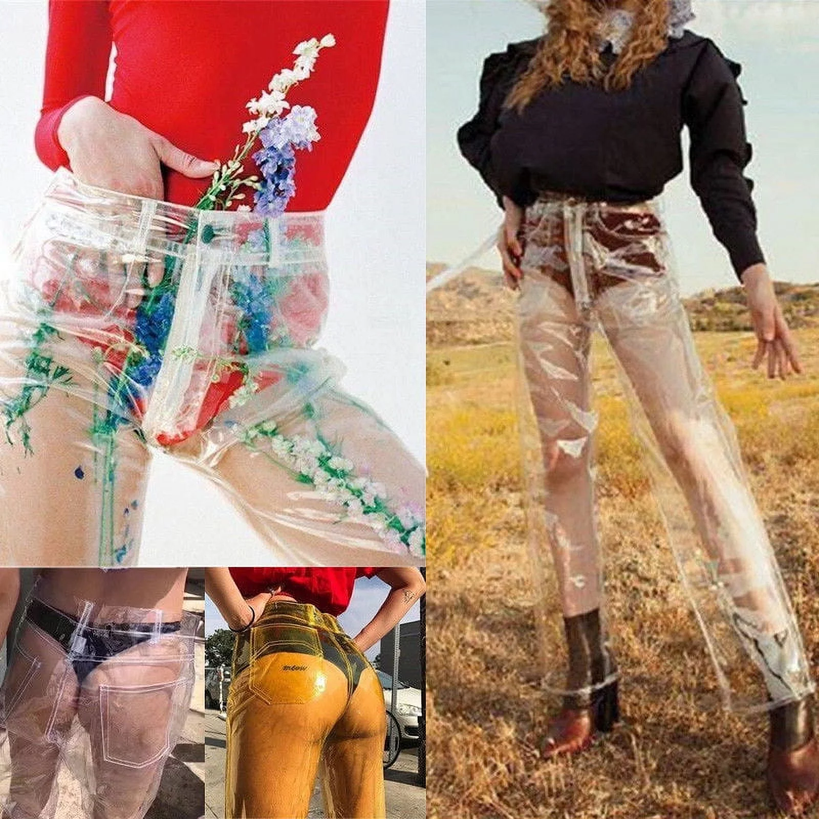 Pinkdeer Women's Transparent Pants High Waist See Though Waterproof PVC Plastic Wide Leg Pants Loose Long Trousers Fashion Streetwear
