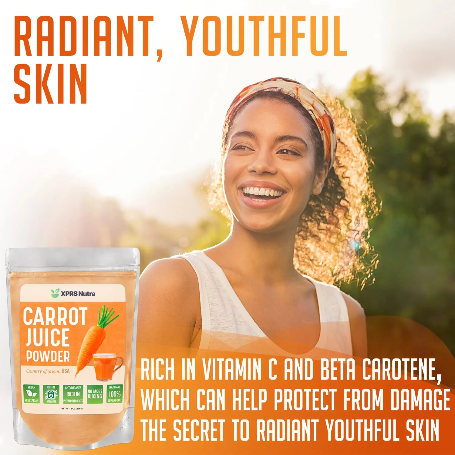 XPRS Nutra Organic Carrot Juice Powder - Pure Carrot Powder Organic from The USA - Ideal for Juice and Smoothie - High in Vitamin A, Phytonutrients and Antioxidants - USDA Organic and Non-GMO (8 oz)