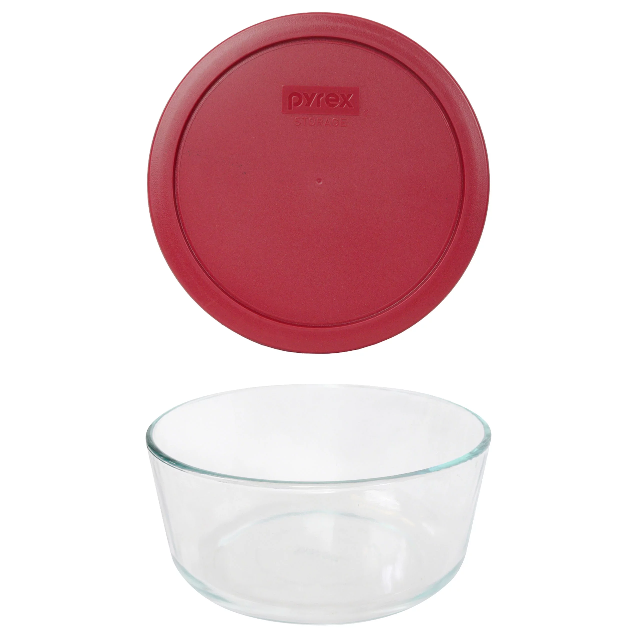 Pyrex 7203 7-Cup Round Glass Food Storage Bowl and 7402-PC Berry Red Plastic Lid Cover
