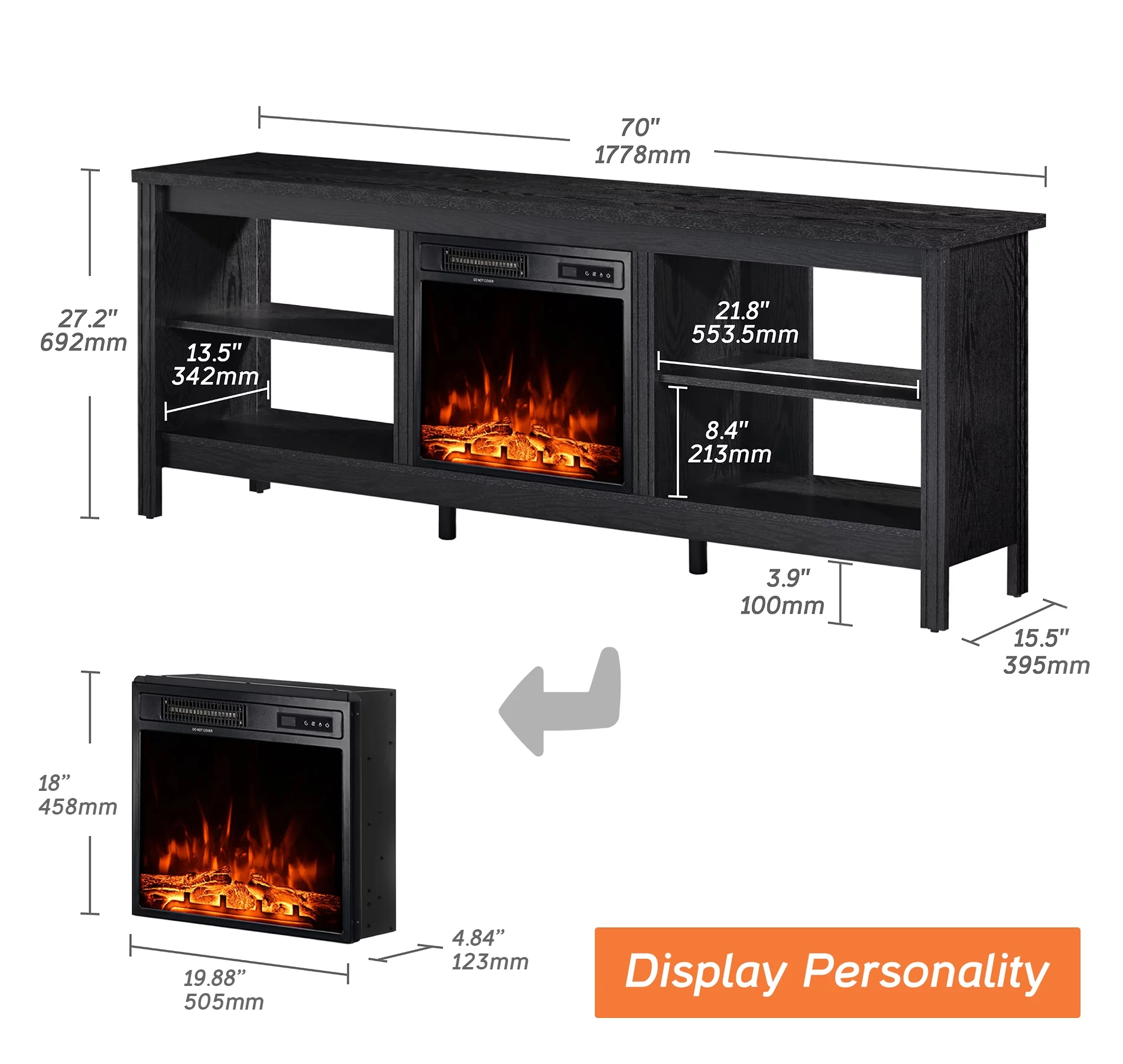 Wampat Fireplace TV Stand, Farmhouse Entertainment Center with Electric Fireplace, 70 inch, Black