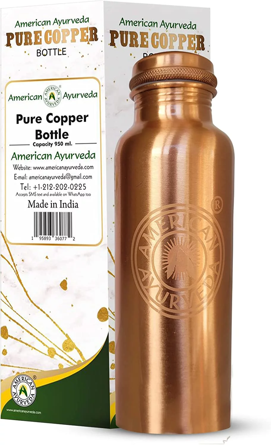 100 Pure Copper Water Bottle Joint Free, Leak Proof, Tumbler, Flask, Yoga, Health Benefits, Natural Alkaline Water, 900ml/30 Oz