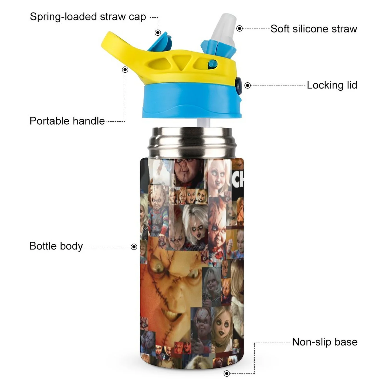 Chucky Characters Kid's Insulated Water Bottle With Straw Vacuum Stainless Steel Cup Leak-Proof Children Toddler Thermoses